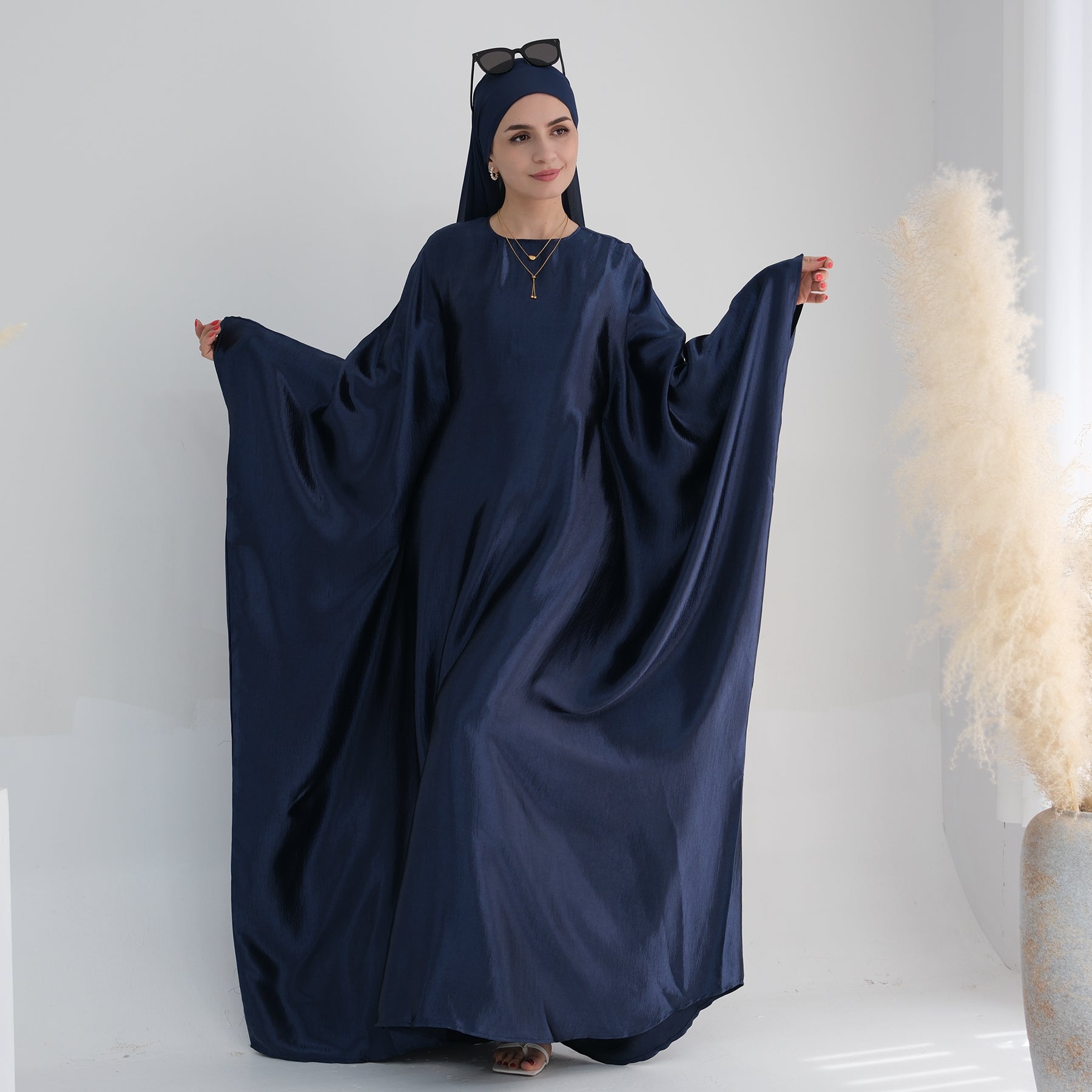 Navy Satin Batwing Maxi Dress Abaya | Eolante Clothing 