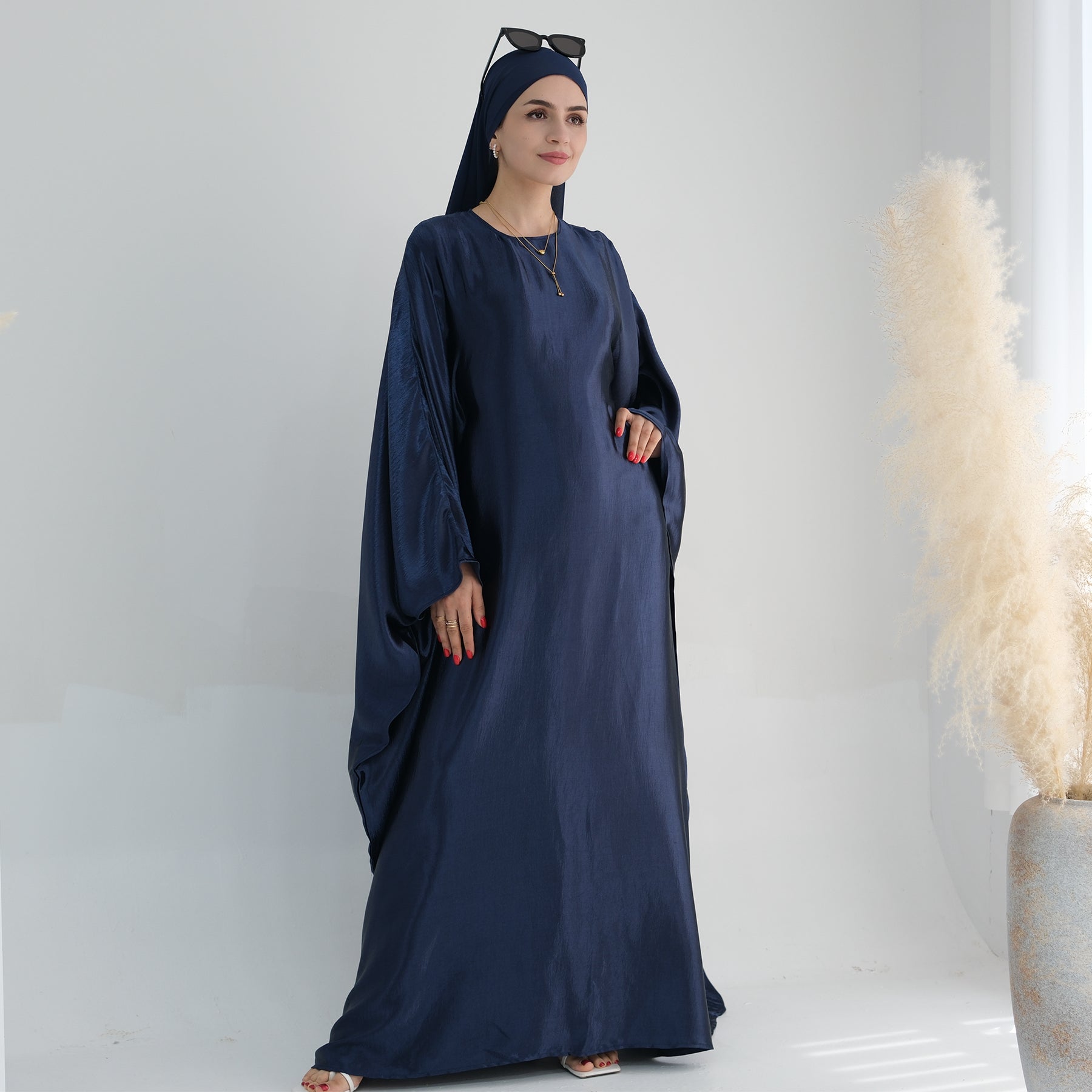 Maxi Dress Abaya in Navy Satin | Eolante Clothing 