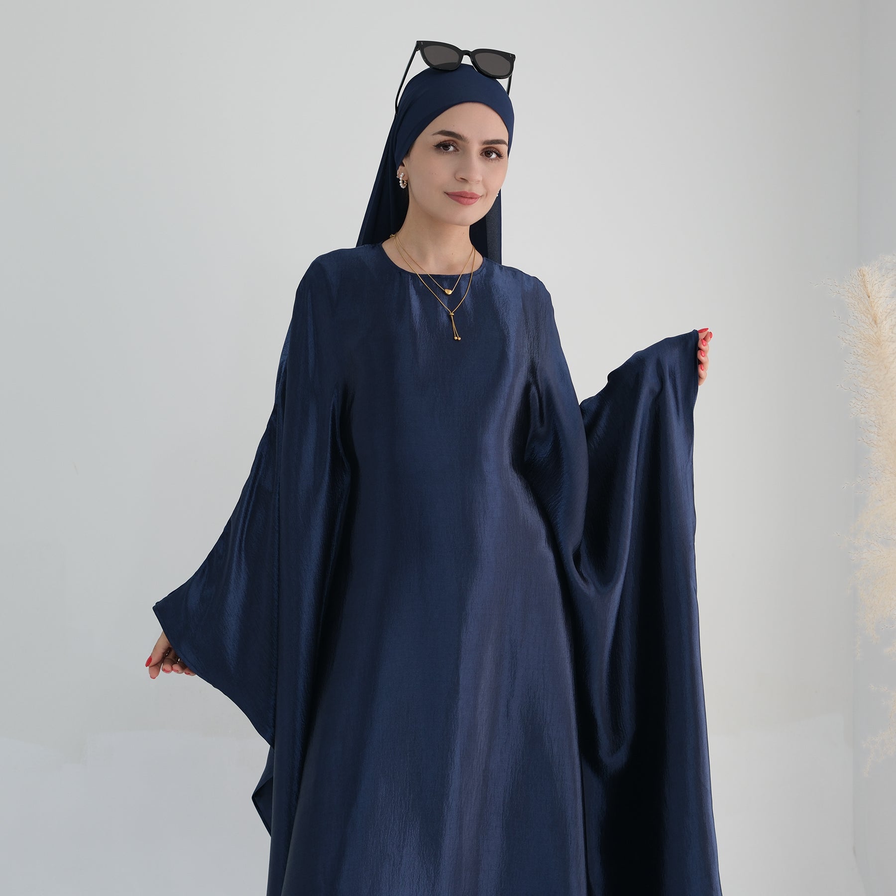 Satin Maxi Dress Abaya in Navy | Eolante Clothing 