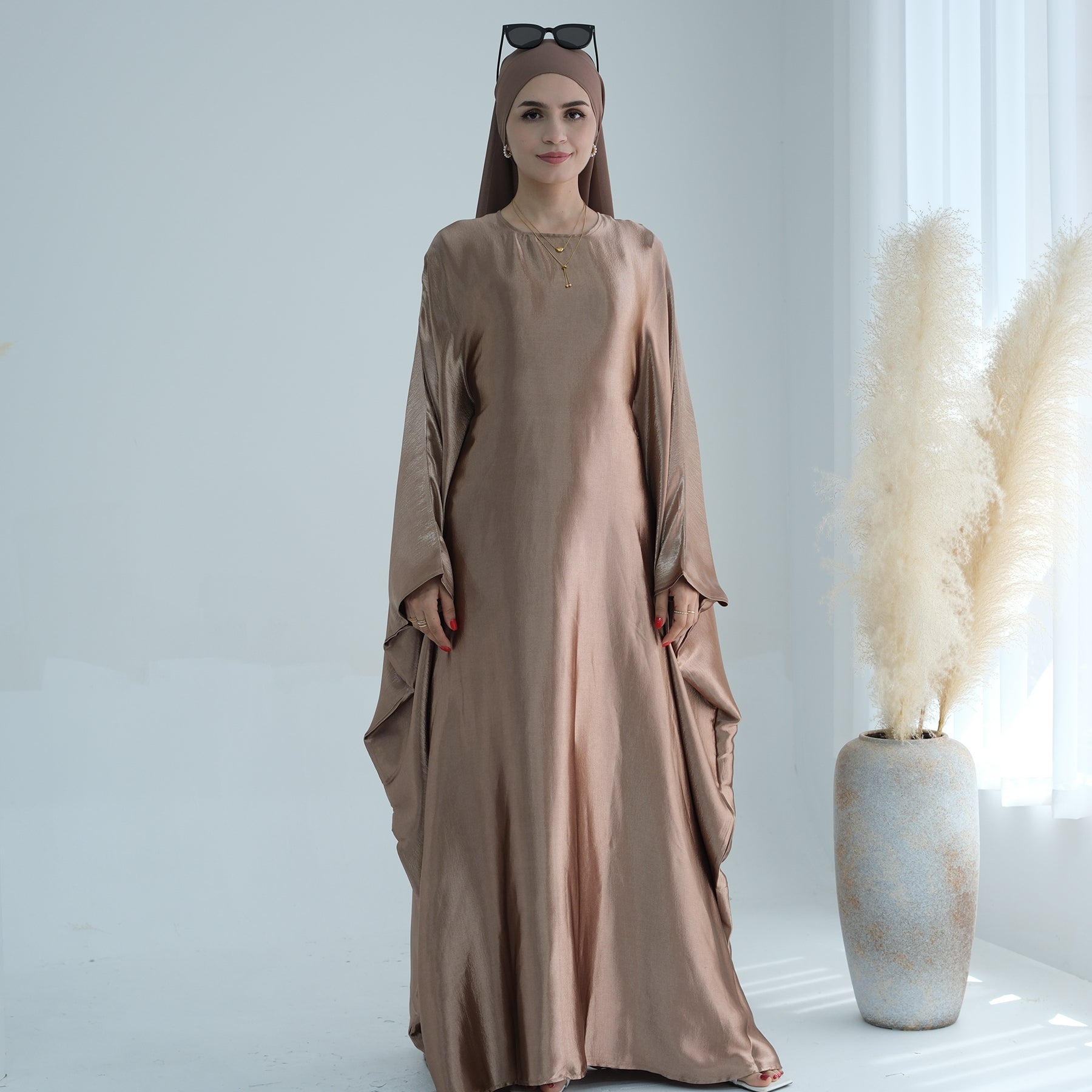 Maxi Dress Abaya in Coffee Satin | Eolante Clothing 