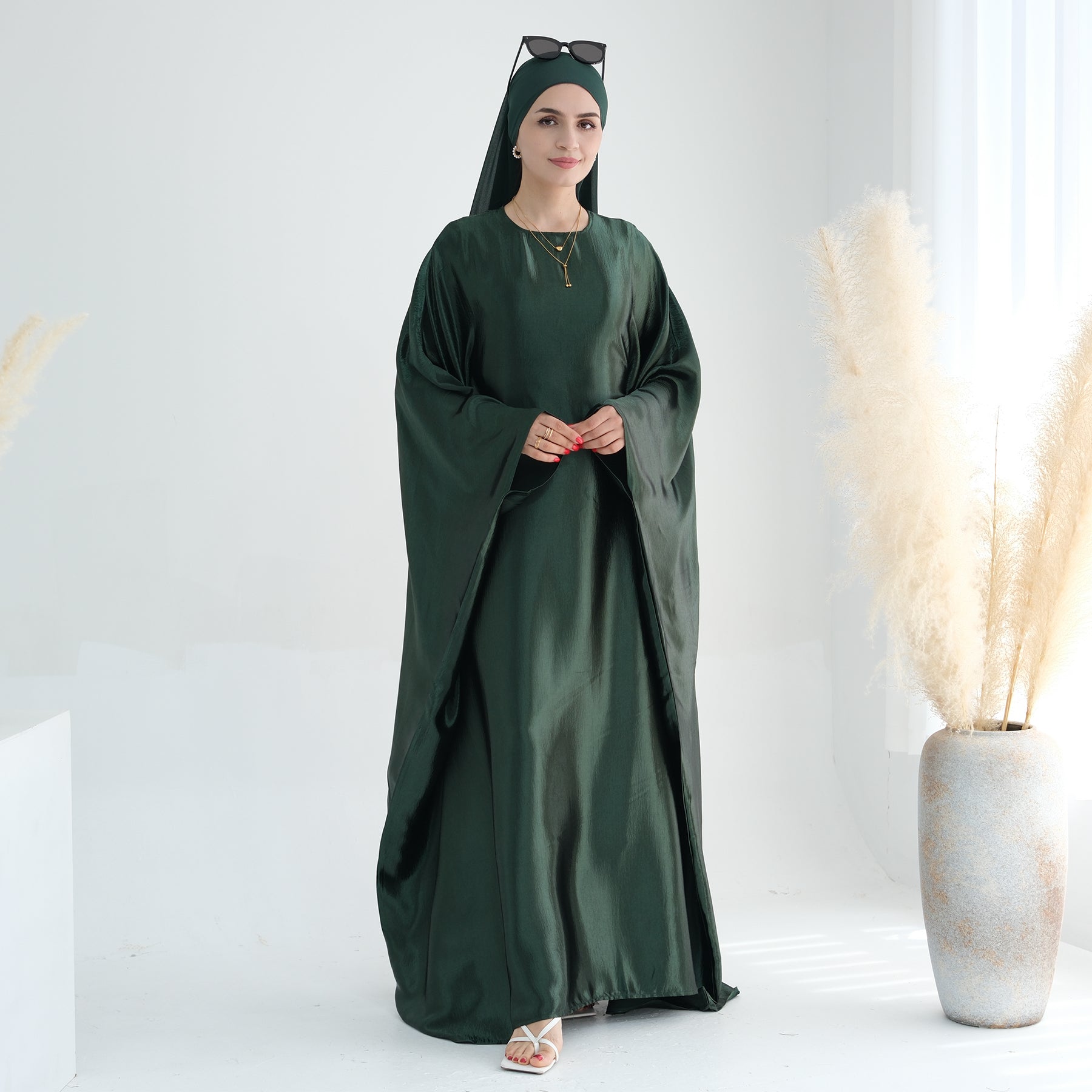 Butterfly Sleeve in Dark Green Satin Abaya Dress | Eolante Clothing 