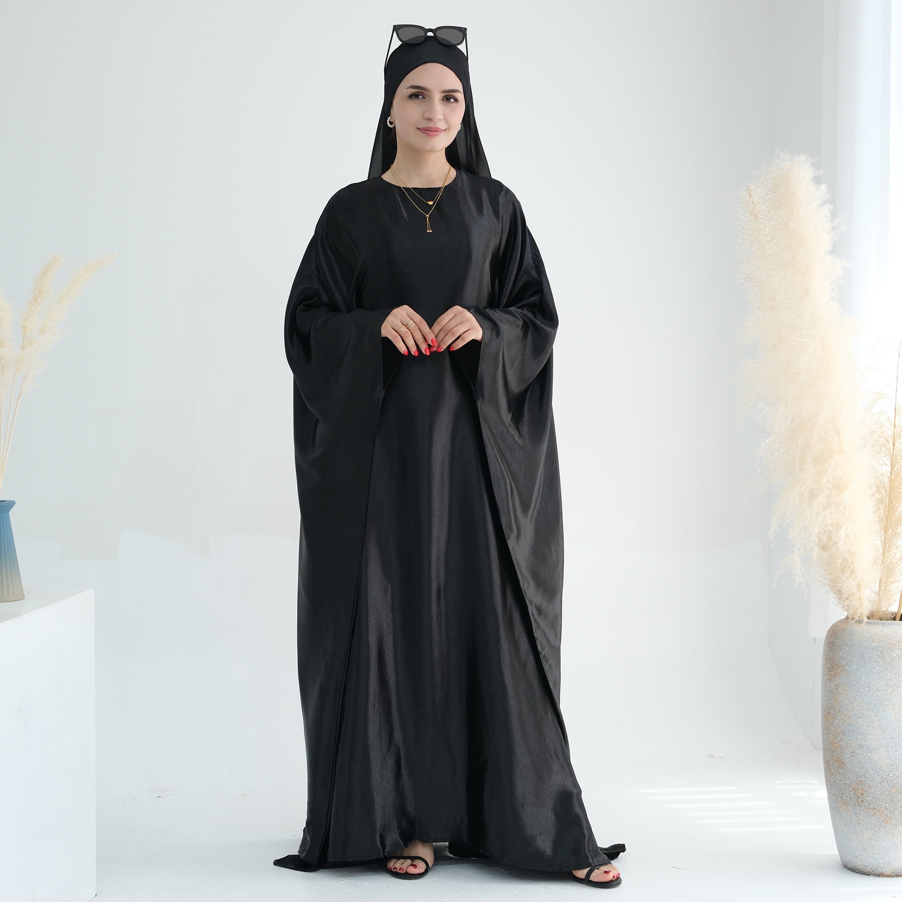 Satin Batwing Abaya Dress in Black | Eolante Clothing 