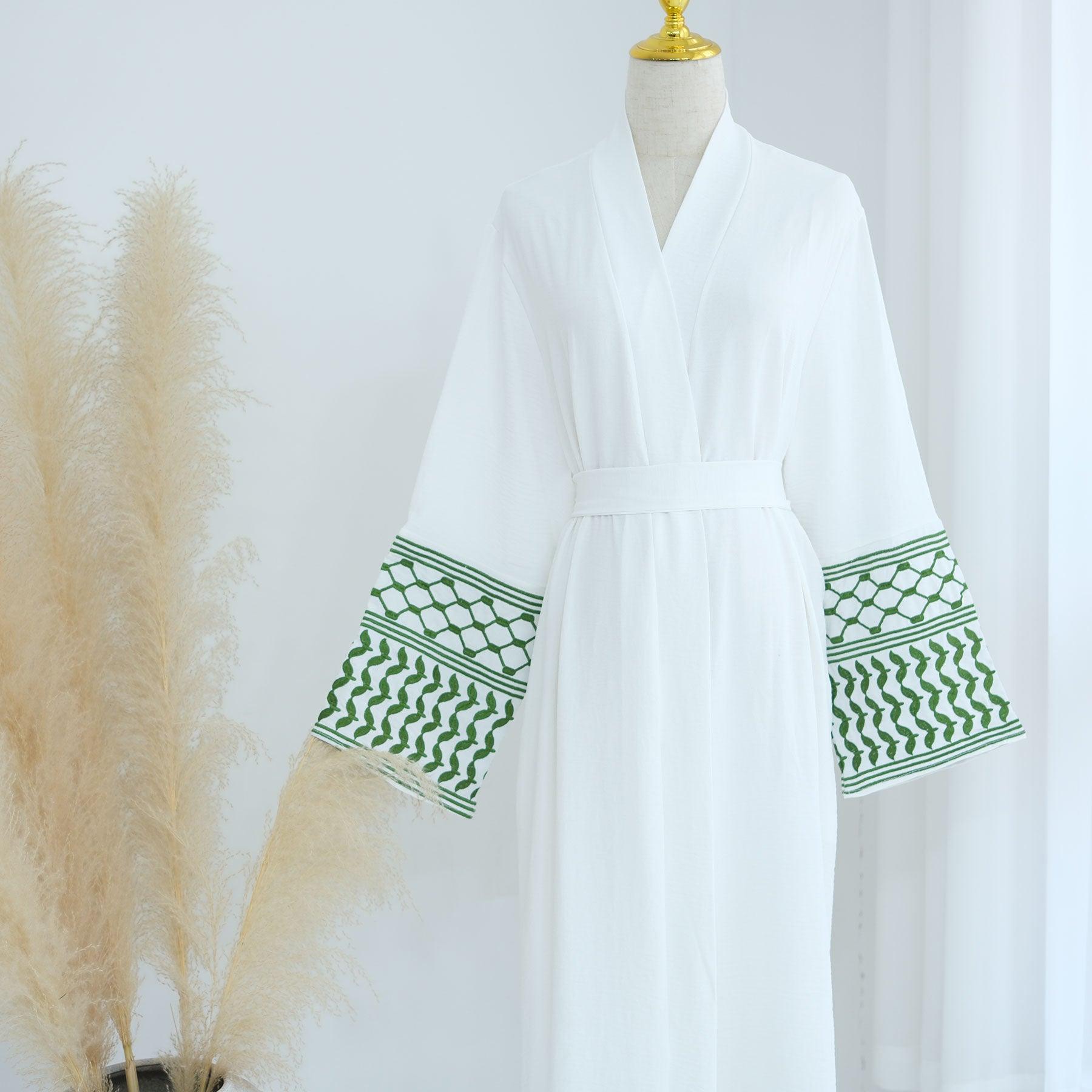 Open Abaya with Belt in White Green | Eolante Clothing 