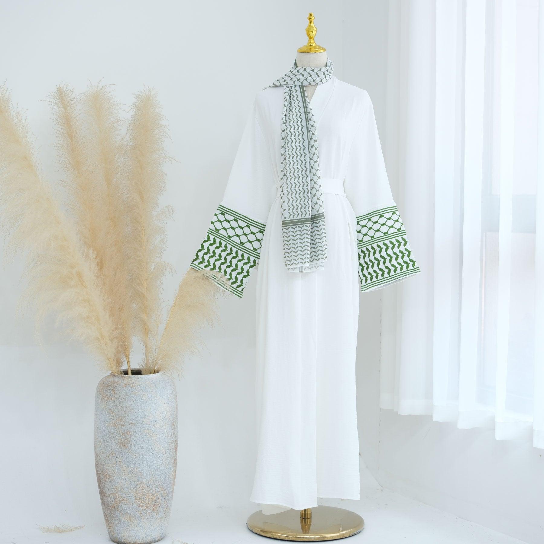 White Green Insha Keffiyeh Inspired Abaya & Belt | Eolante Clothing 