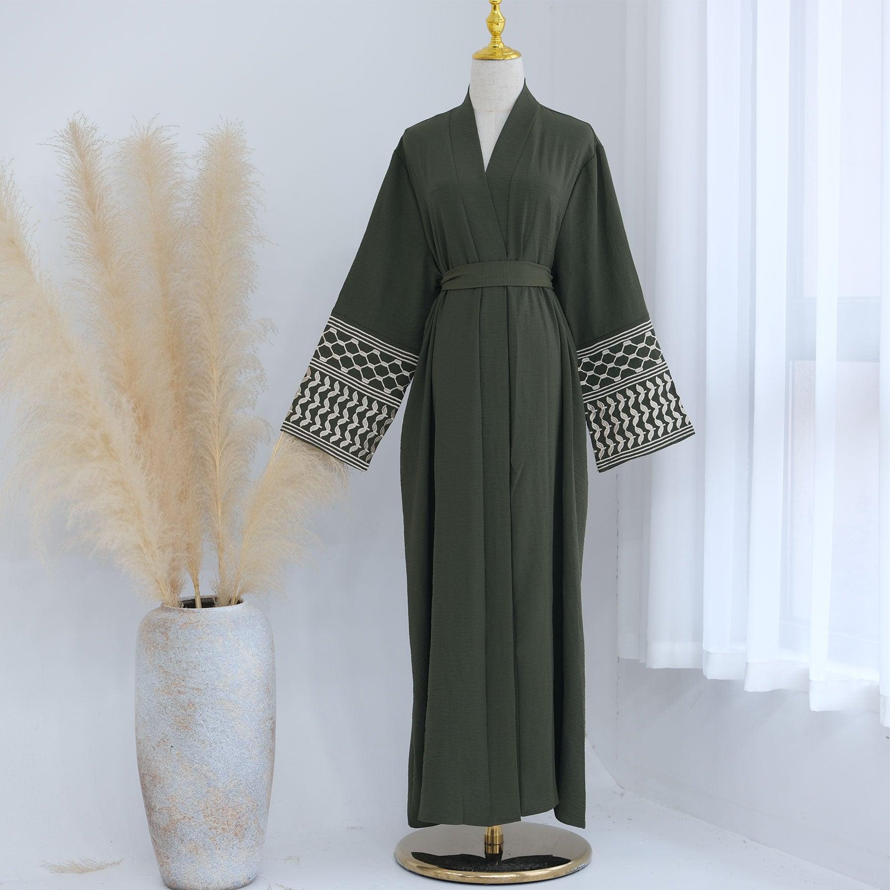 Army Green Insha Keffiyeh Inspired Abaya with Belt | Eolante Clothing 