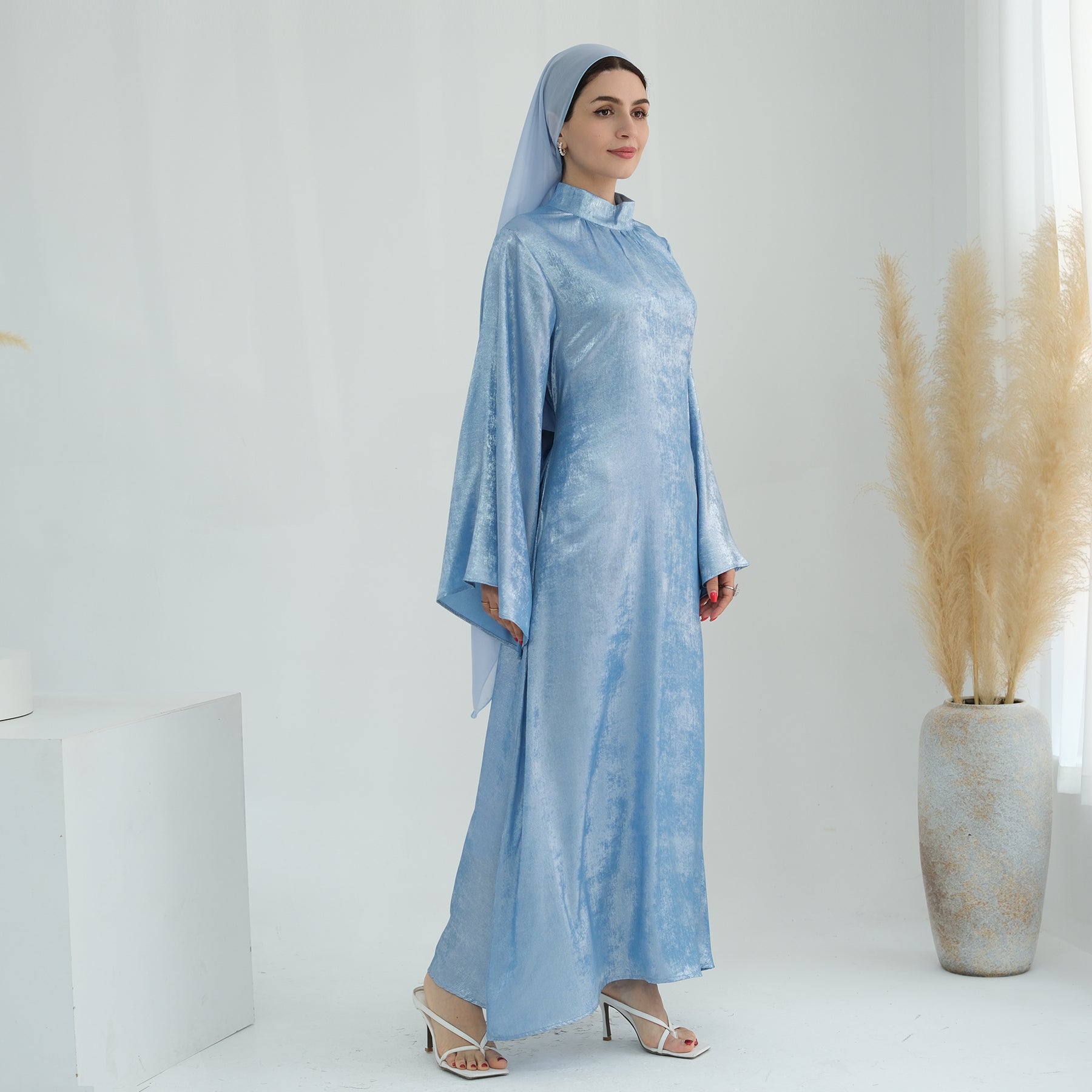 High-Neck Velvet Abaya Dress in Light Blue | Eolante Clothing 