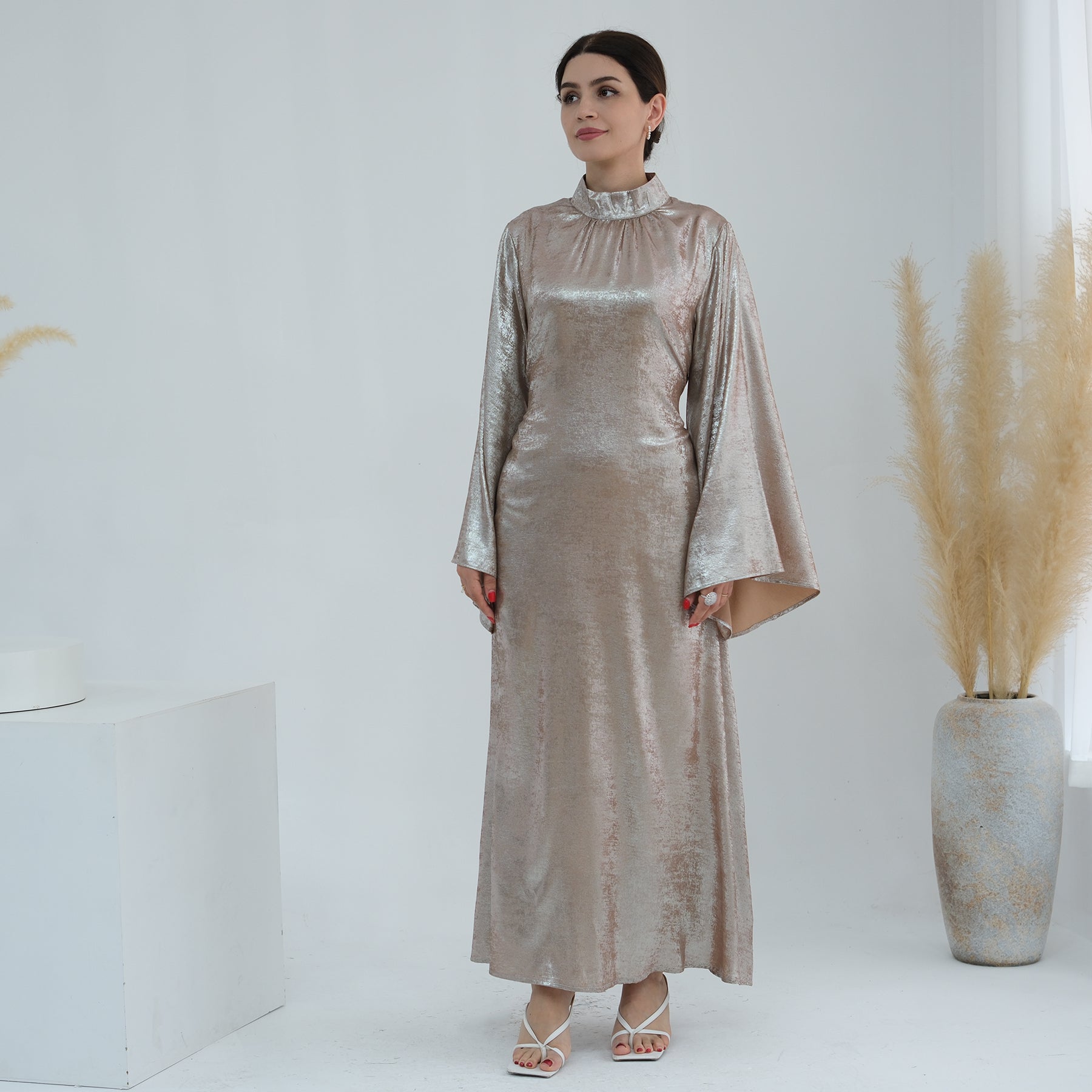 High-Neck Abaya Dress in Beige | Eolante Clothing 