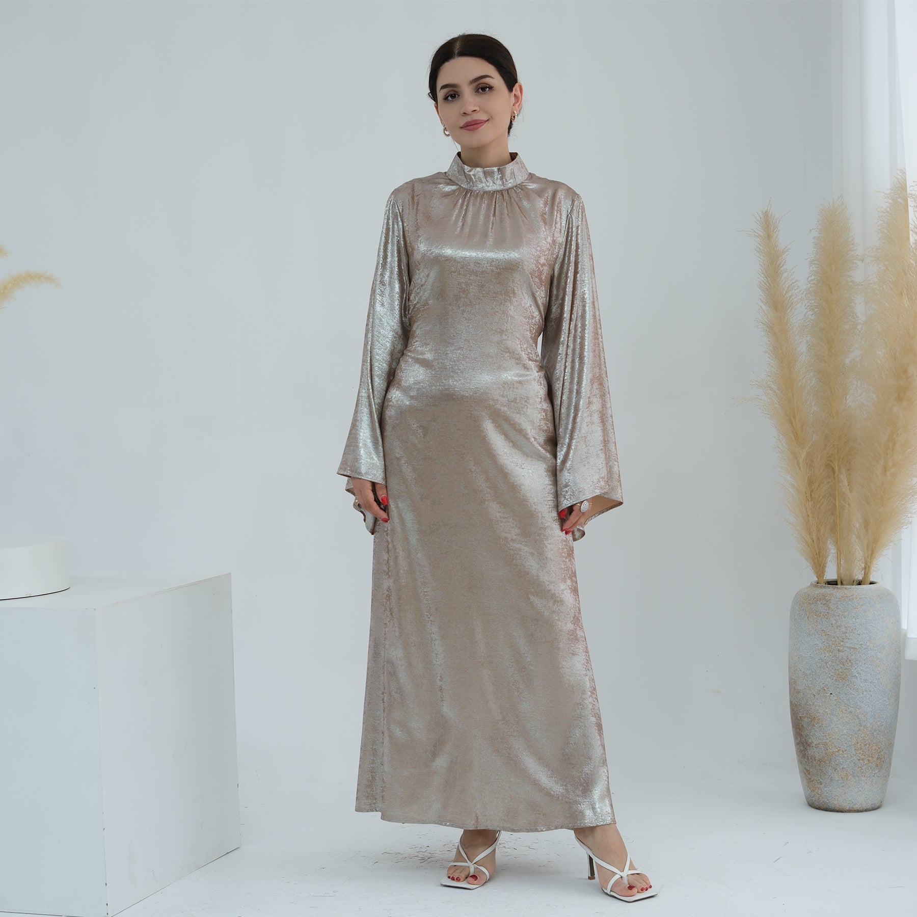 Velvet Beige in High-Neck Abaya Dress | Eolante Clothing 