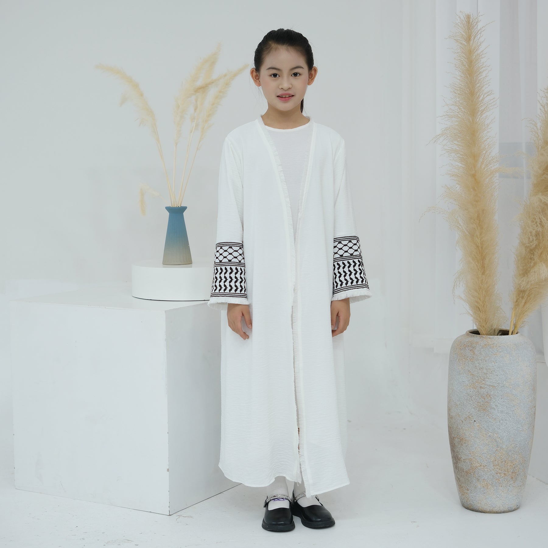 Kids Open Abaya Dress with Peace Dove Embroidery Pattern Sleeves - Eolante Clothing