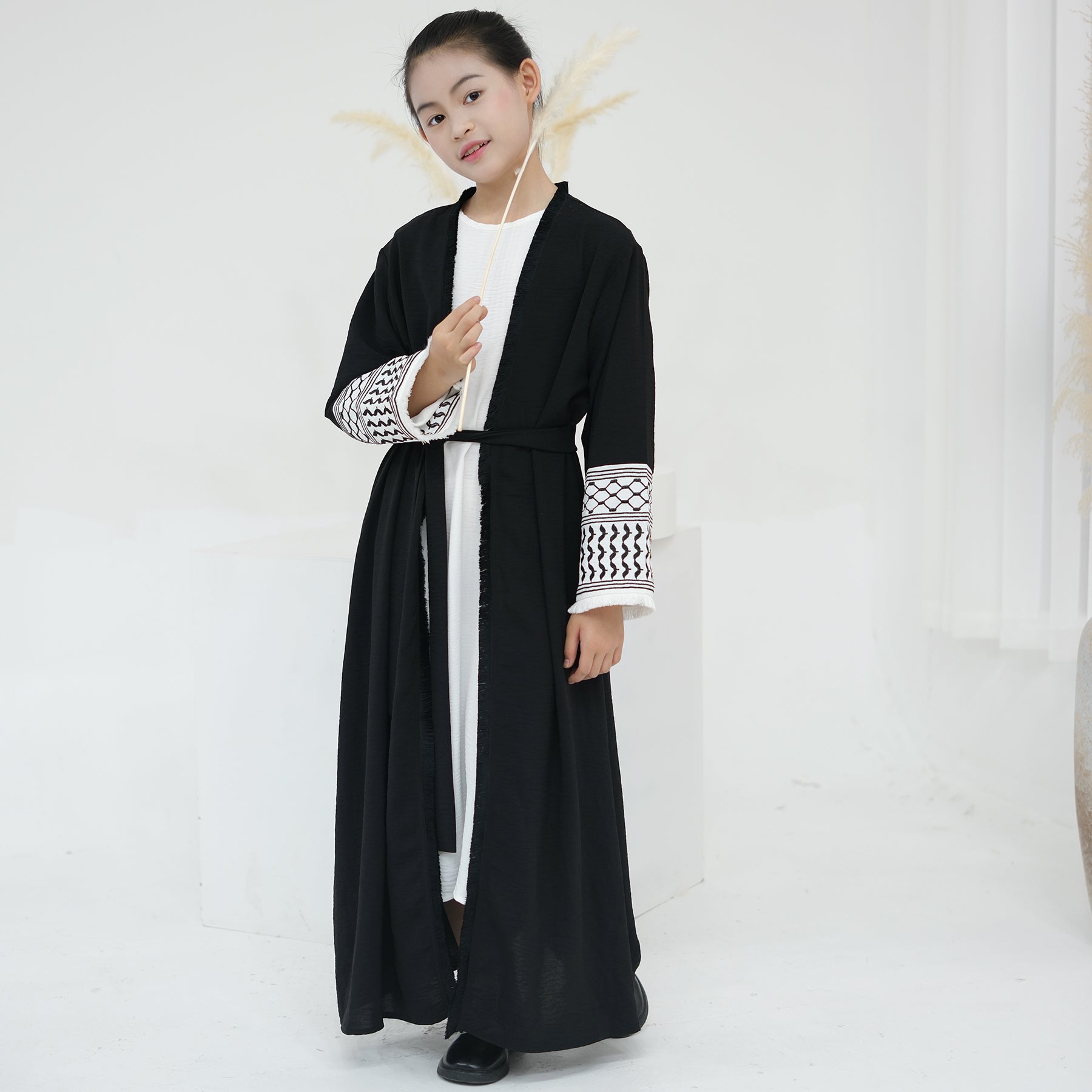 Kids Open Abaya Dress with Peace Dove Embroidery Pattern Sleeves - Eolante Clothing