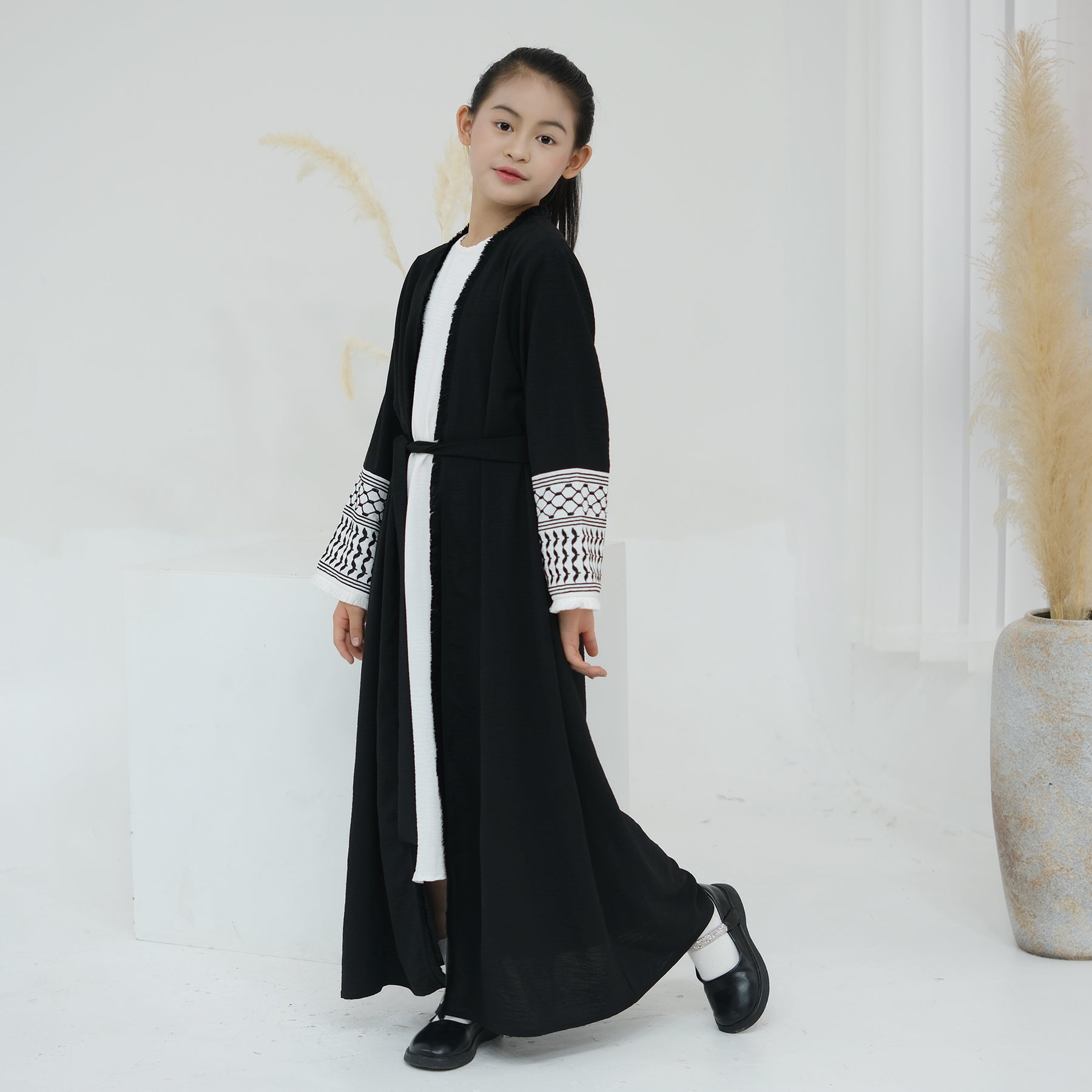 Kids Open Abaya Dress with Peace Dove Embroidery Pattern Sleeves - Eolante Clothing