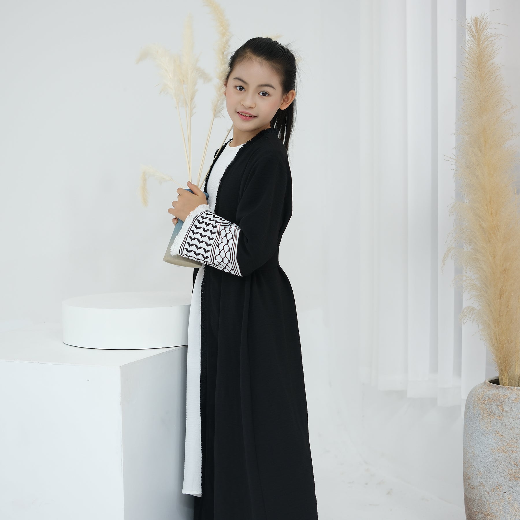 Kids Open Abaya Dress with Peace Dove Embroidery Pattern Sleeves - Eolante Clothing