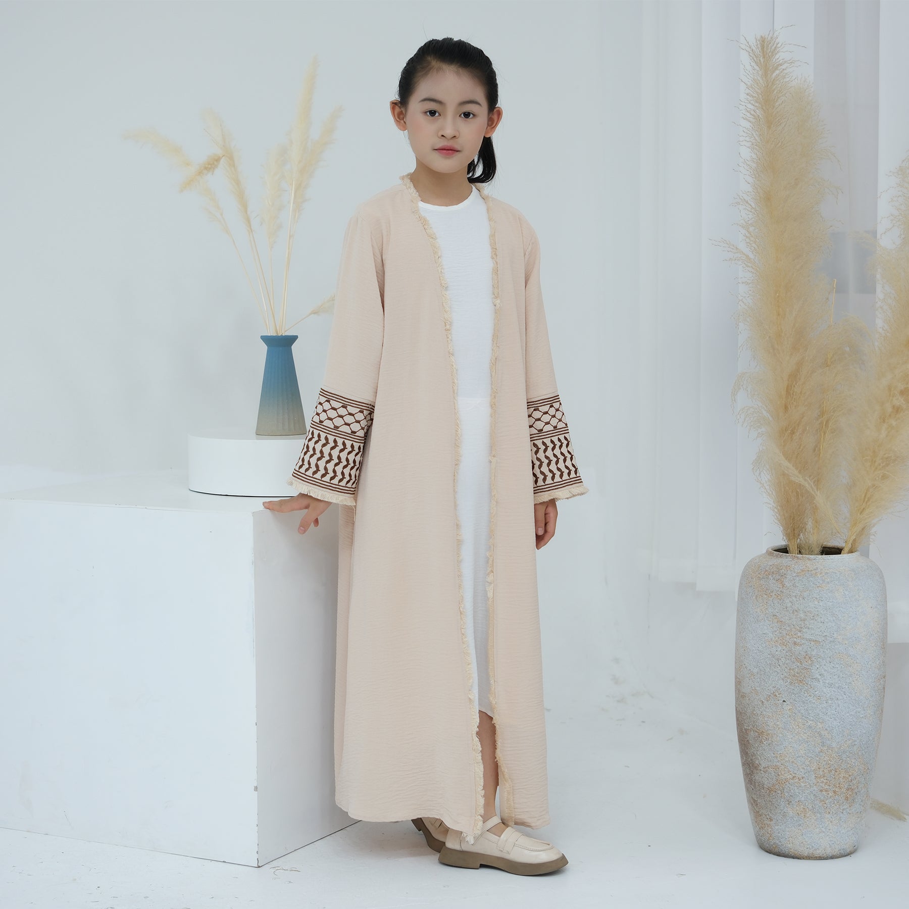 Kids Open Abaya Dress with Peace Dove Embroidery Pattern Sleeves - Eolante Clothing