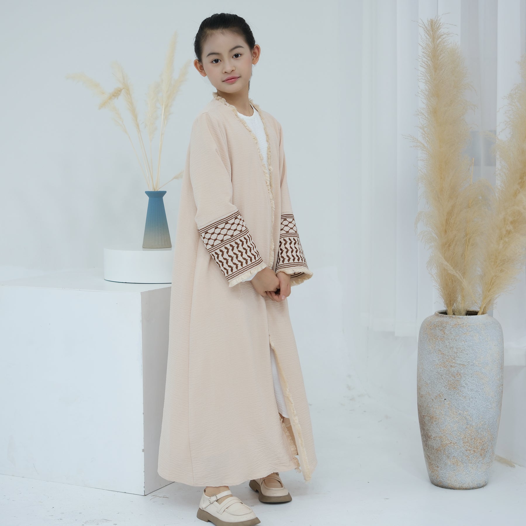 Kids Open Abaya Dress with Peace Dove Embroidery Pattern Sleeves - Eolante Clothing