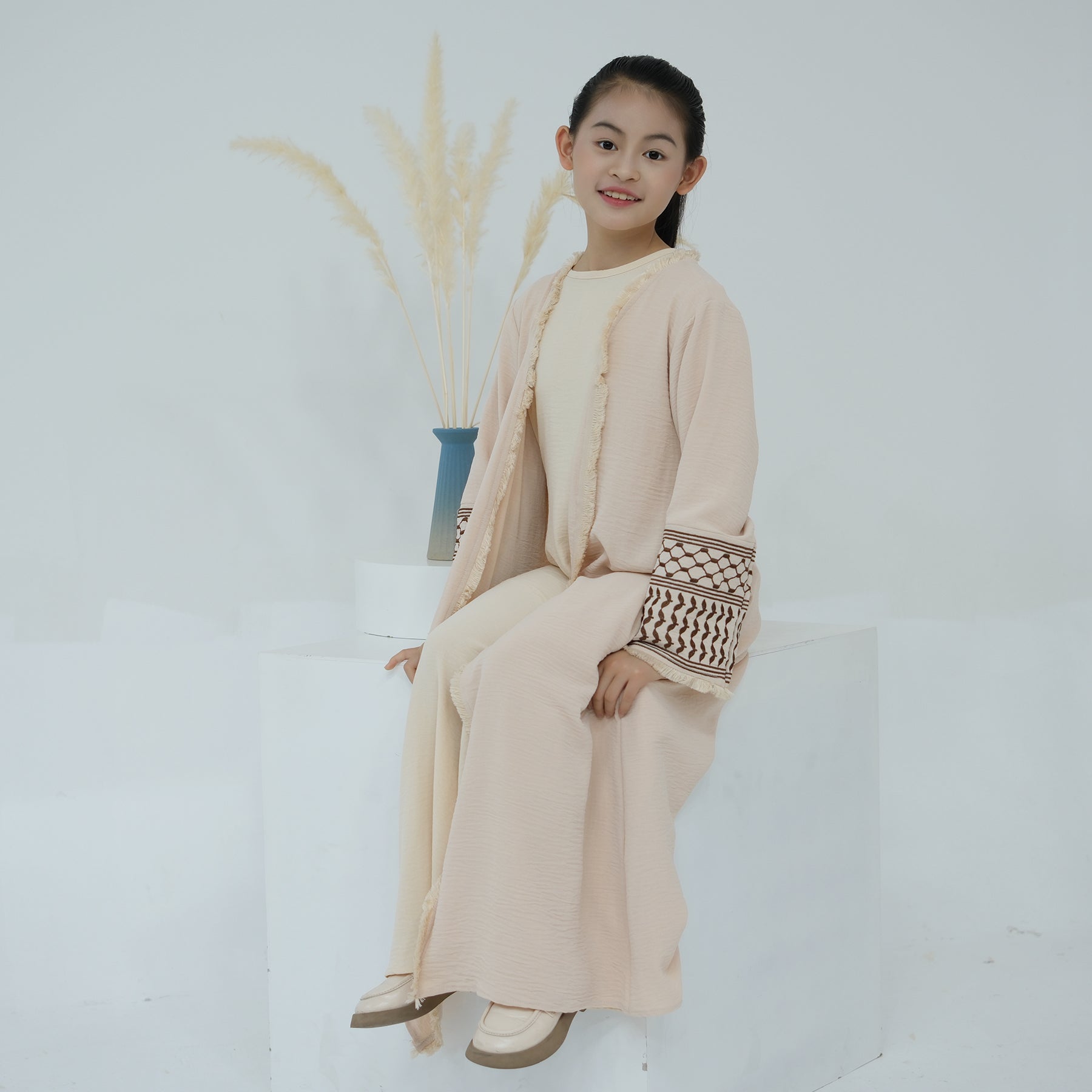 Kids Open Abaya Dress with Peace Dove Embroidery Pattern Sleeves - Eolante Clothing