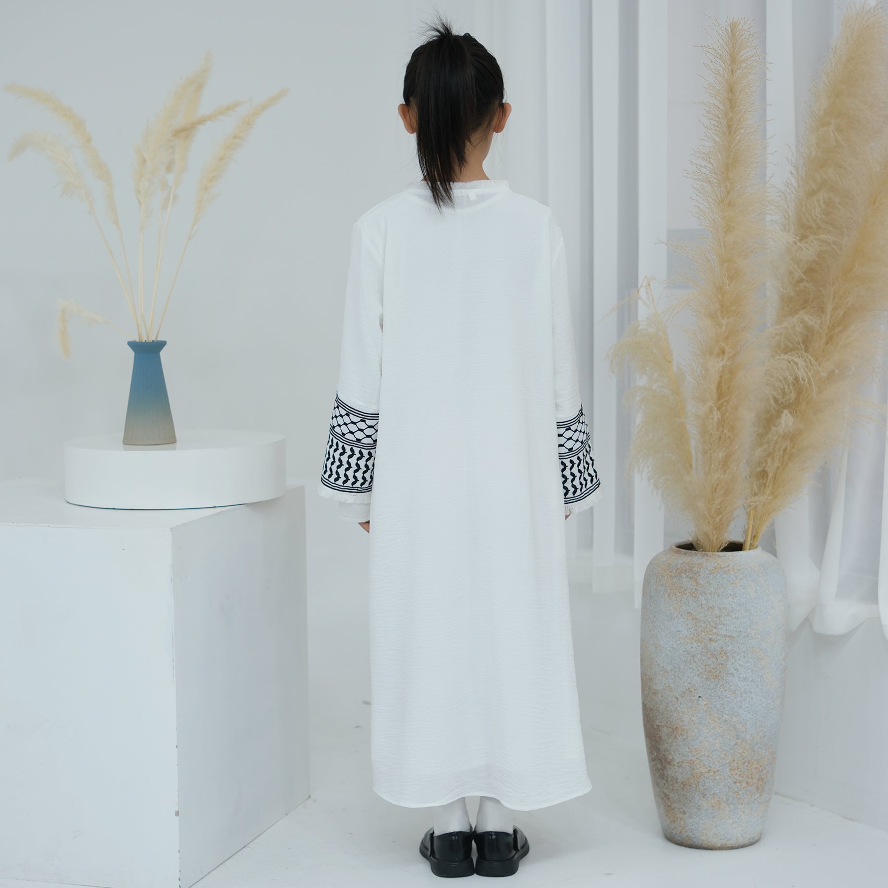 Kids Open Abaya Dress with Peace Dove Embroidery Pattern Sleeves - Eolante Clothing