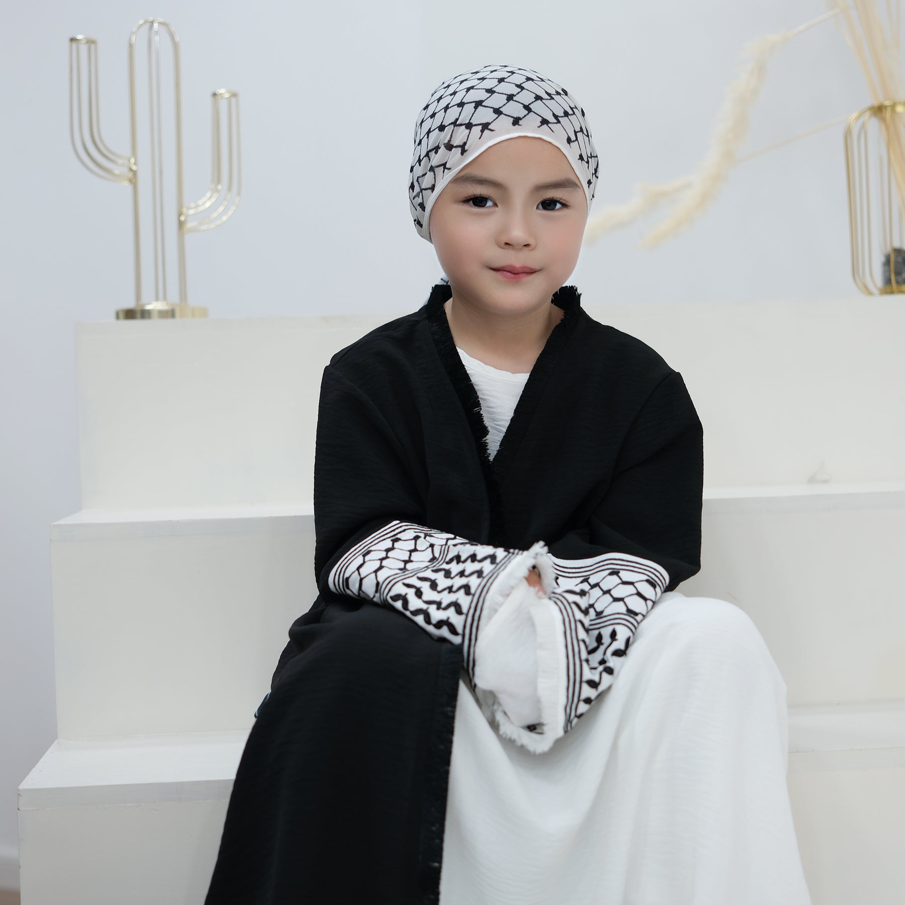 Kids Open Abaya Dress with Peace Dove Embroidery Pattern Sleeves - Eolante Clothing