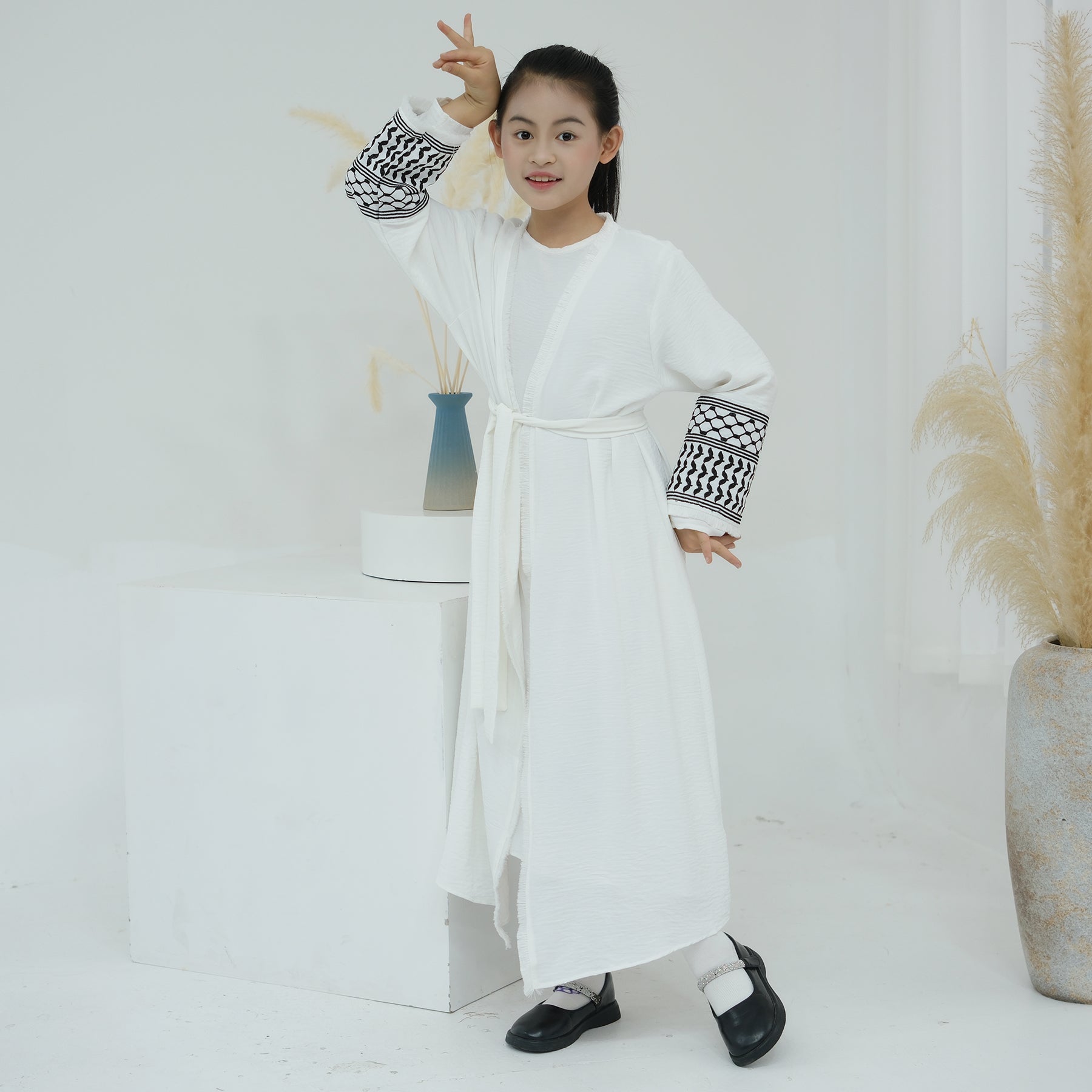 Kids Open Abaya Dress with Peace Dove Embroidery Pattern Sleeves - Eolante Clothing