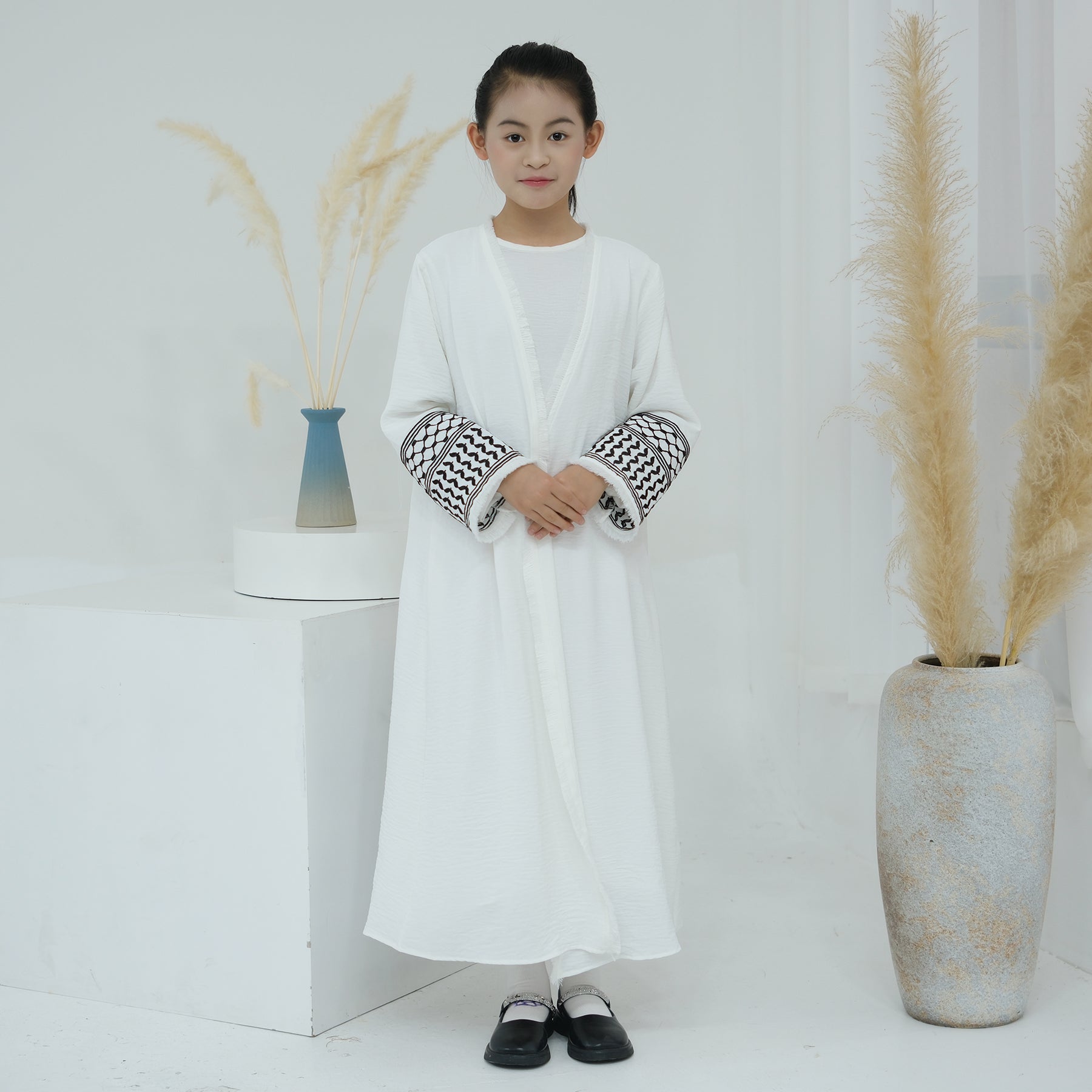 Kids Open Abaya Dress with Peace Dove Embroidery Pattern Sleeves - Eolante Clothing