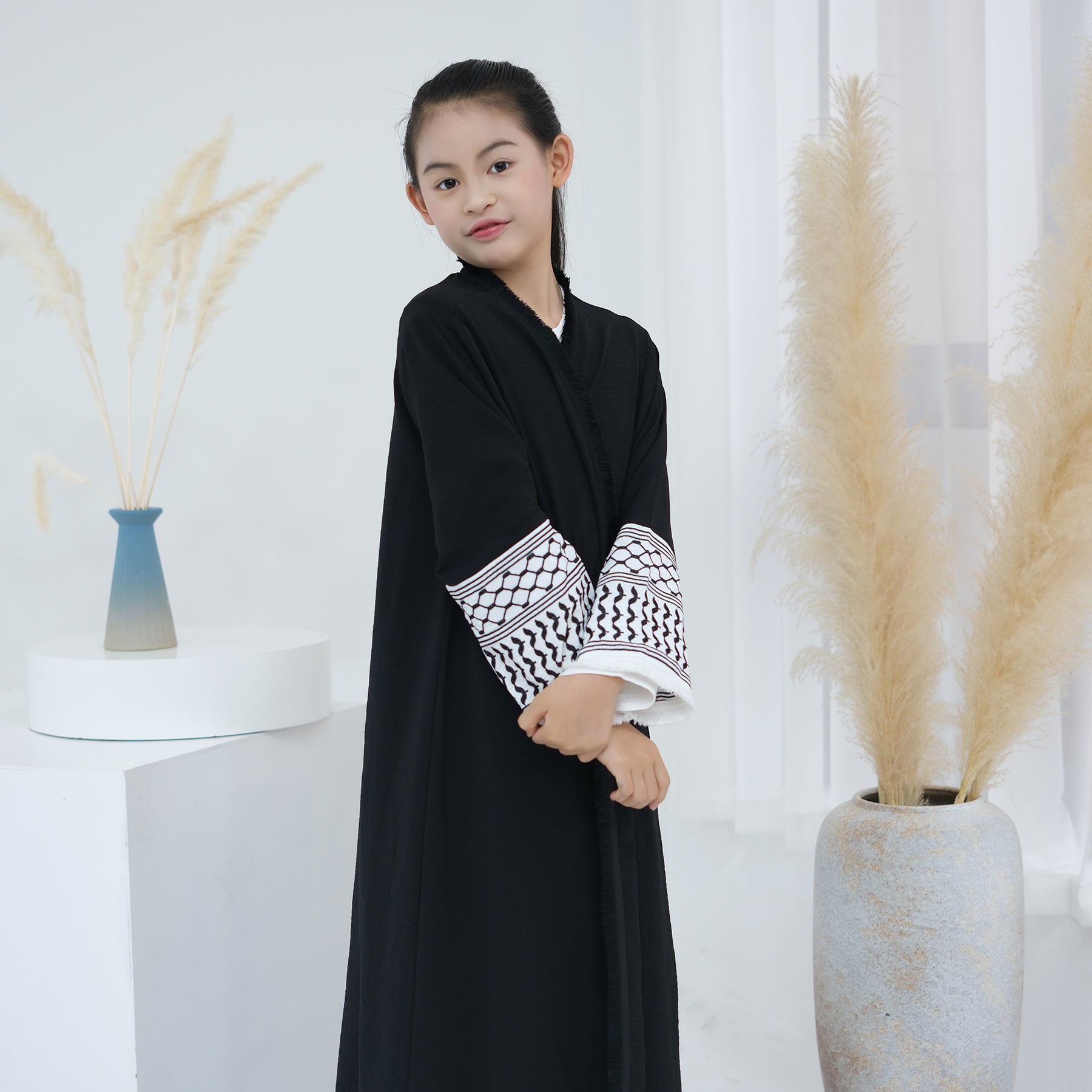 Kids Open Abaya Dress with Peace Dove Embroidery Pattern Sleeves - Eolante Clothing