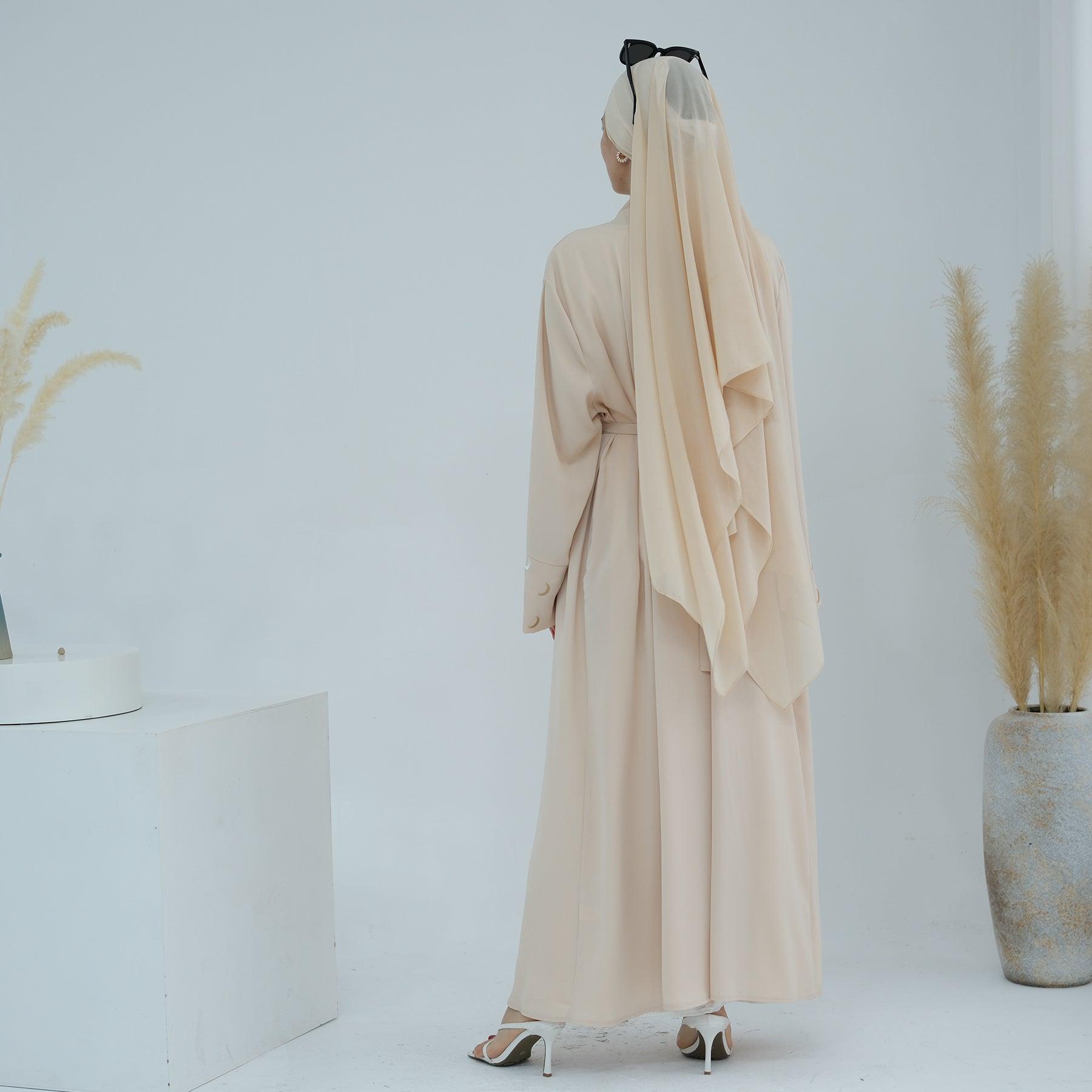 Beige Open Abaya in Satin | Eolante Clothing 