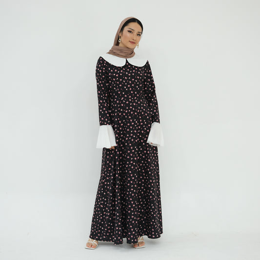 Floral Doll Collar Flare Sleeve A-line Maxi Dress Abaya