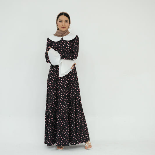 Floral Doll Collar Flare Sleeve A-line Maxi Dress Abaya