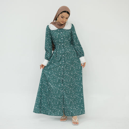 Floral Doll Collar Flare Sleeve A-line Maxi Dress Abaya