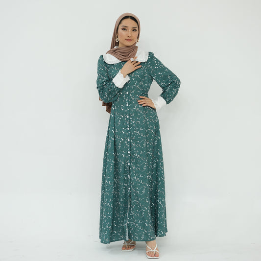 Floral Doll Collar Flare Sleeve A-line Maxi Dress Abaya