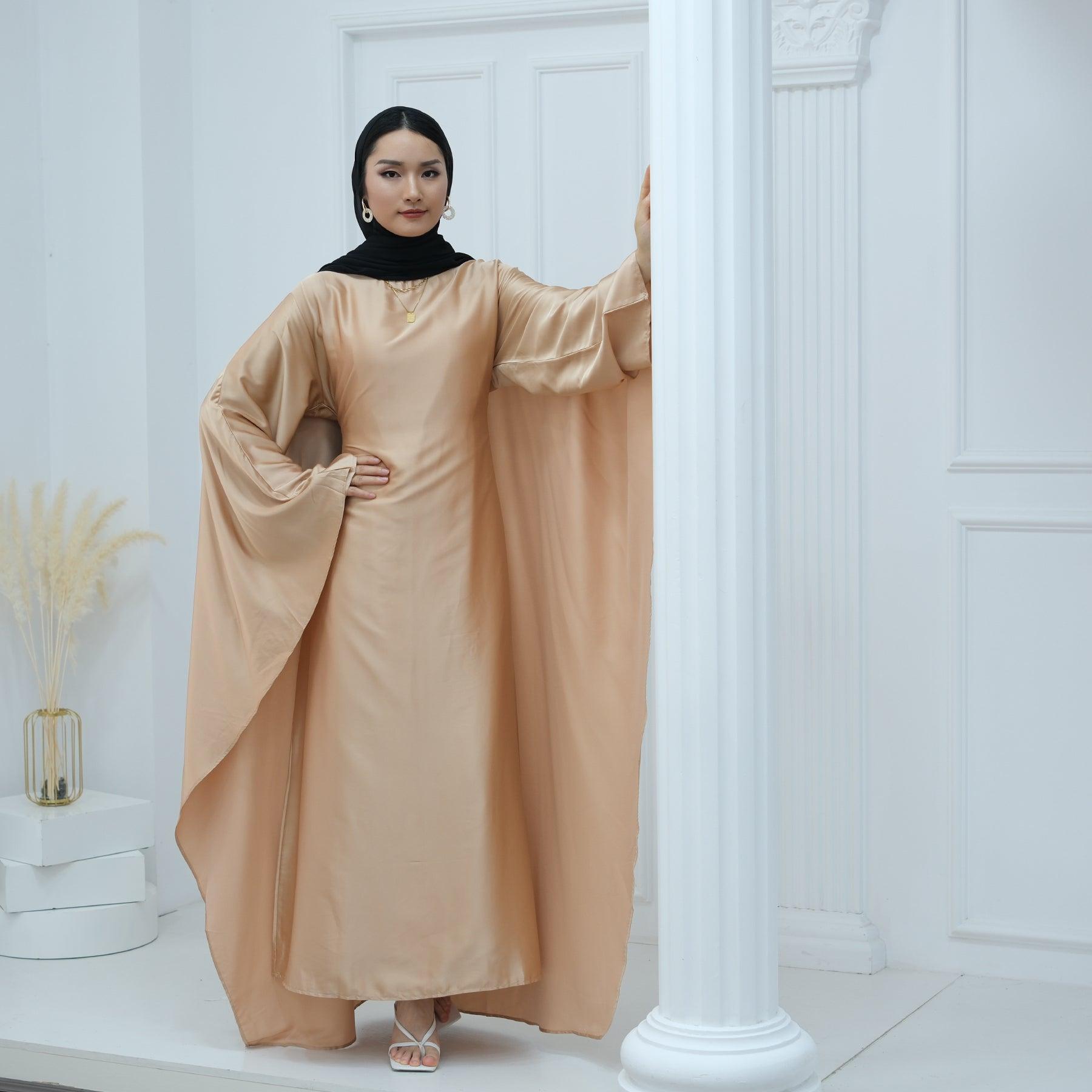 Butterfly Batwing Abaya Sleeve Satin Maxi Dress - IRIDA - Eolante Clothing