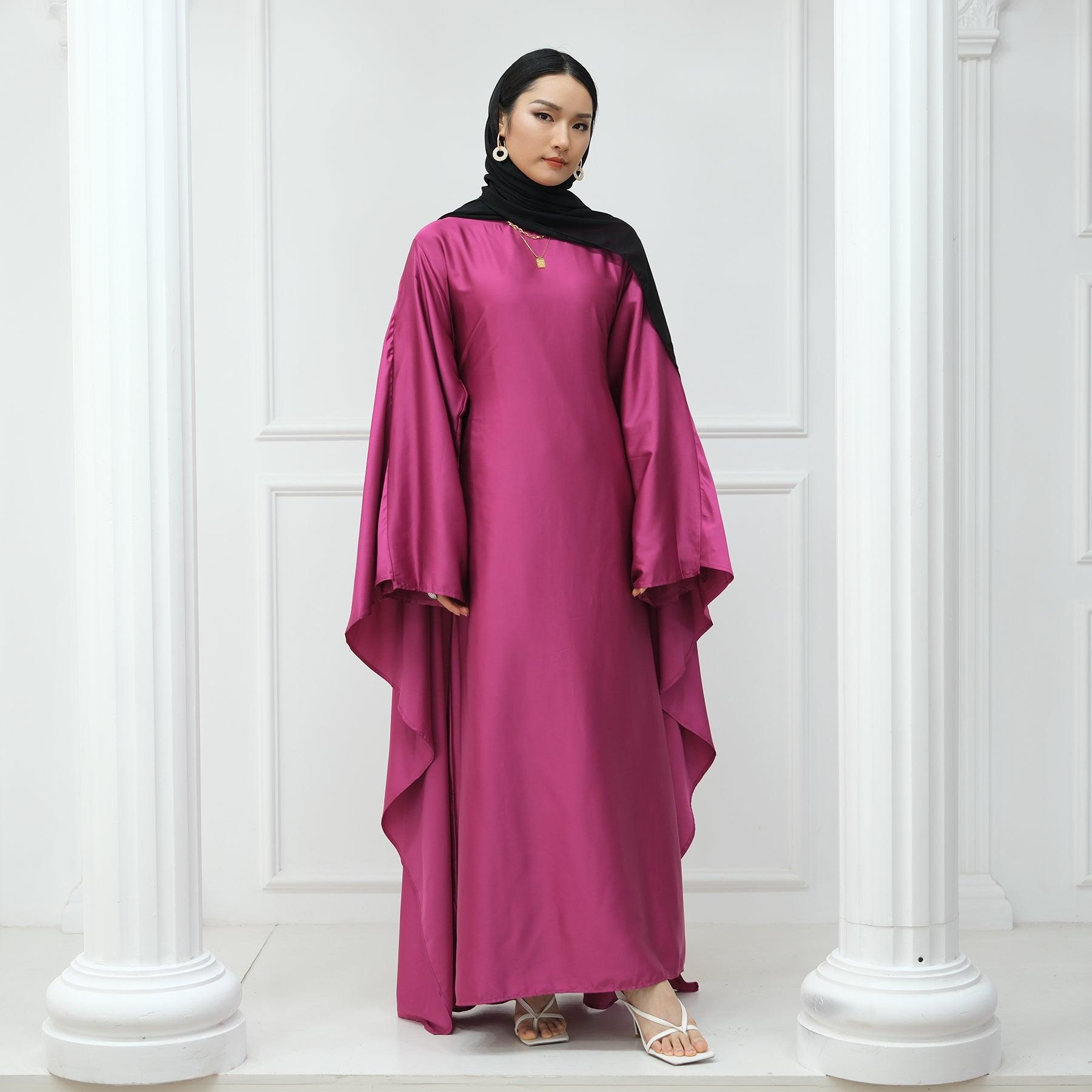 Butterfly Sleeve in Plum Satin Maxi Abaya | Eolante Clothing 