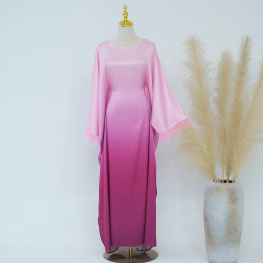 Pink Ombre Satin Feather Abaya Dress | Eolante Clothing 