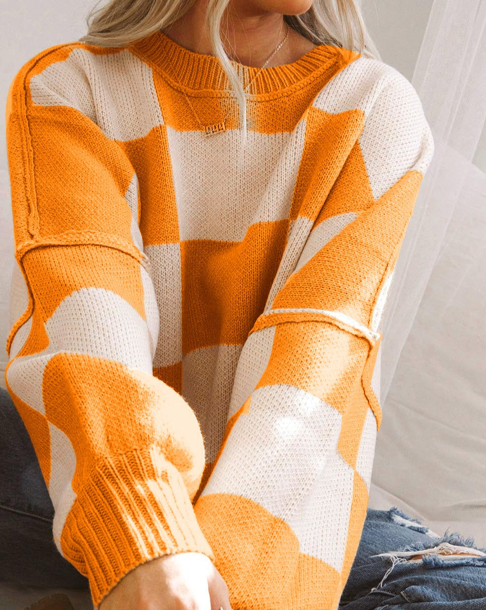 Checkered Sleeve Sweater - Eolante Clothing