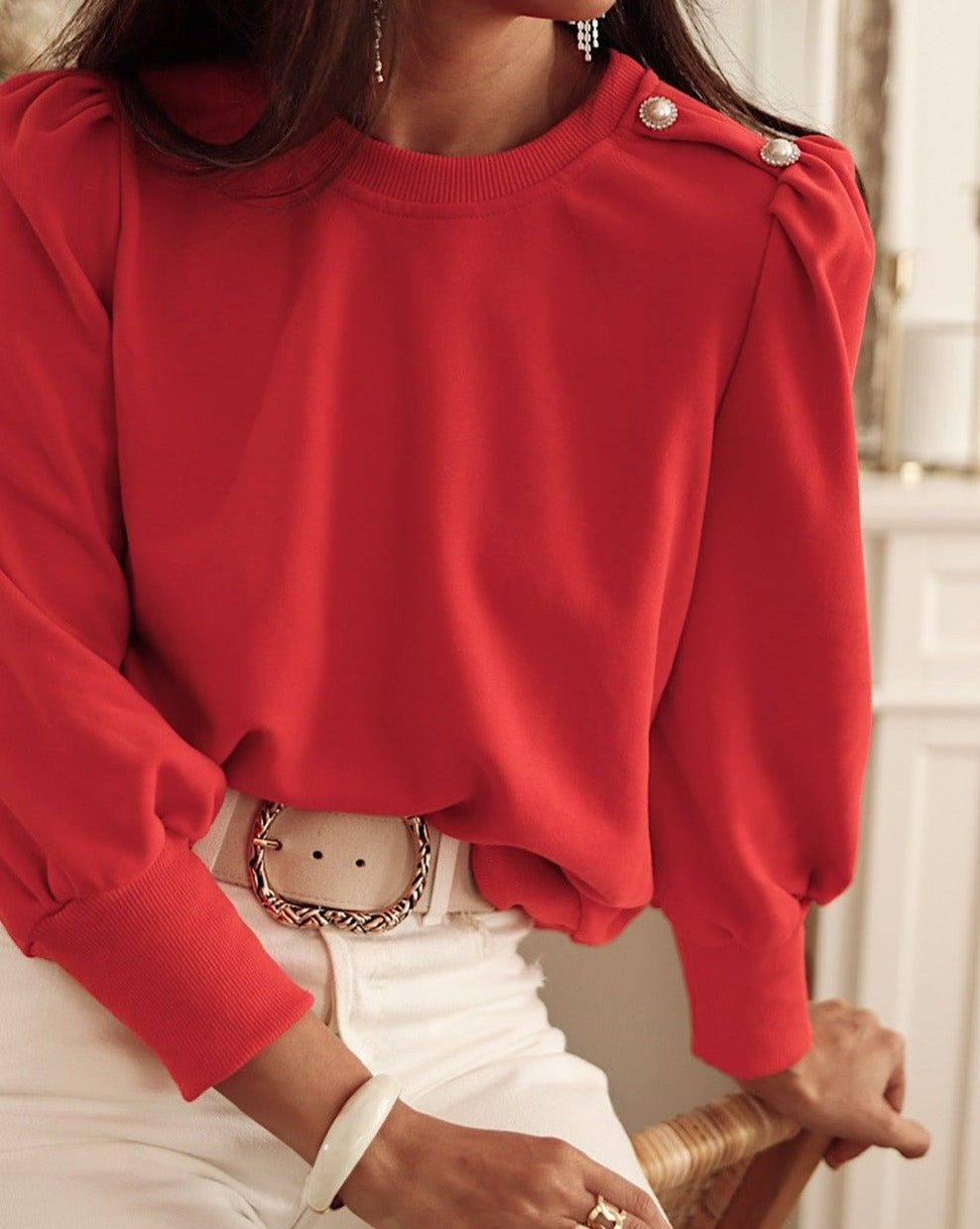 Button Tab Long Sleeve Top - Eolante Clothing