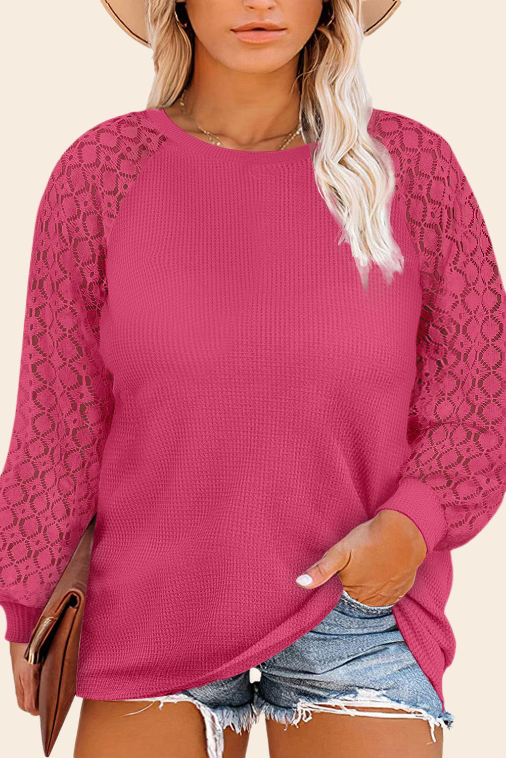 Lace Sleeve Waffle Knit Plus Size Top - Eolante Clothing