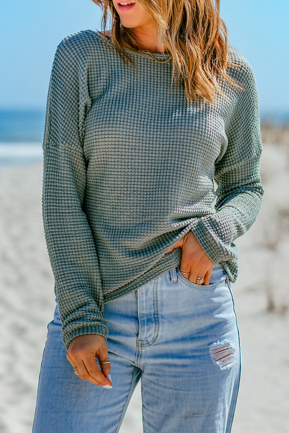 Waffle Knit Long Sleeve Top - Eolante Clothing