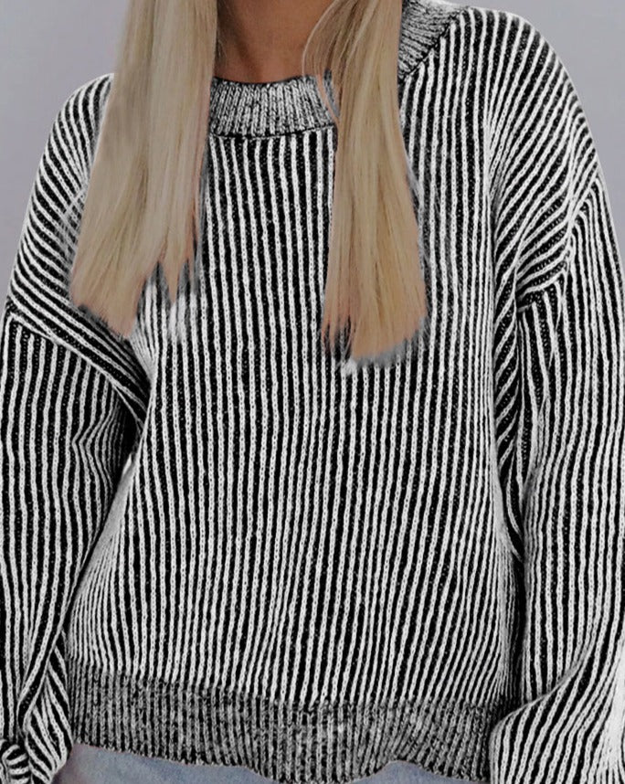 Ribbed Trim Sweater in Stripes - Eolante Clothing