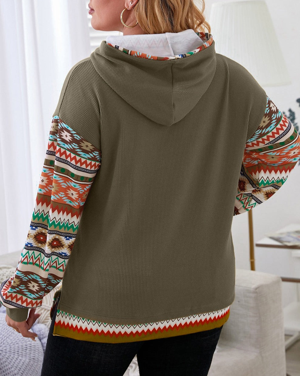 Aztec Patchwork Sleeve Plus Size Hoodie - Eolante Clothing