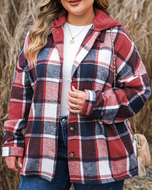 Plaid Button-up Hooded Plus Size Jacket - Eolante Clothing