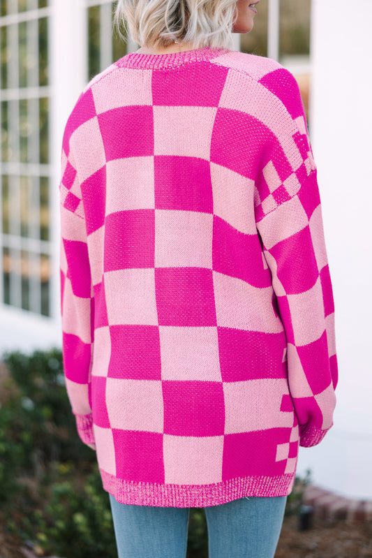 Checkered Ribbed Trim Open Front Cardigan