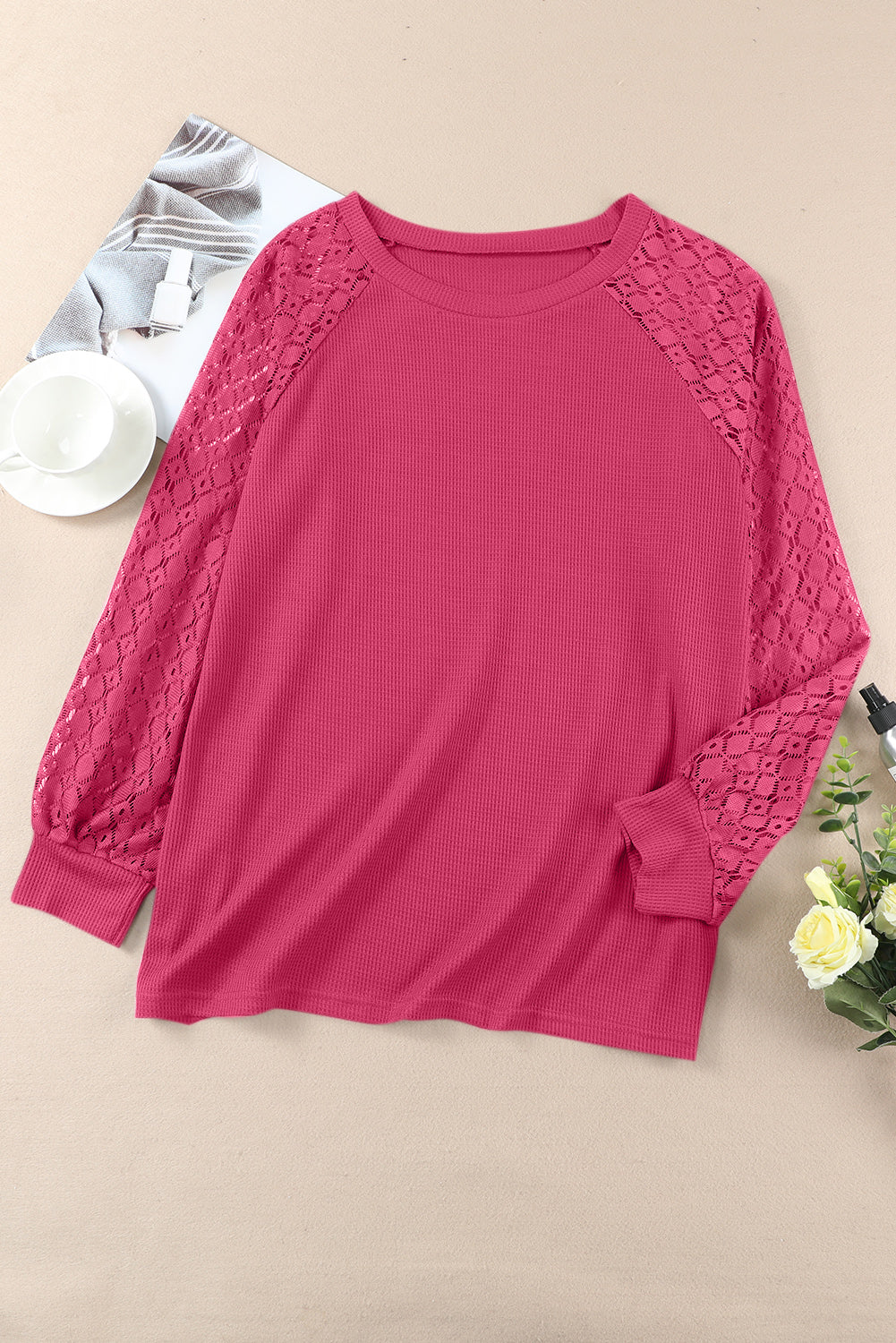 Lace Sleeve Waffle Knit Plus Size Top - Eolante Clothing