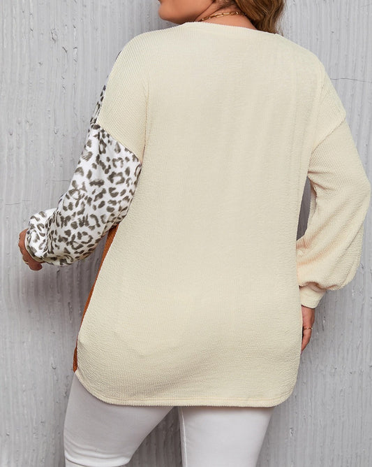 Ribbed Leopard Splicing Plus Size Top - Eolante Clothing