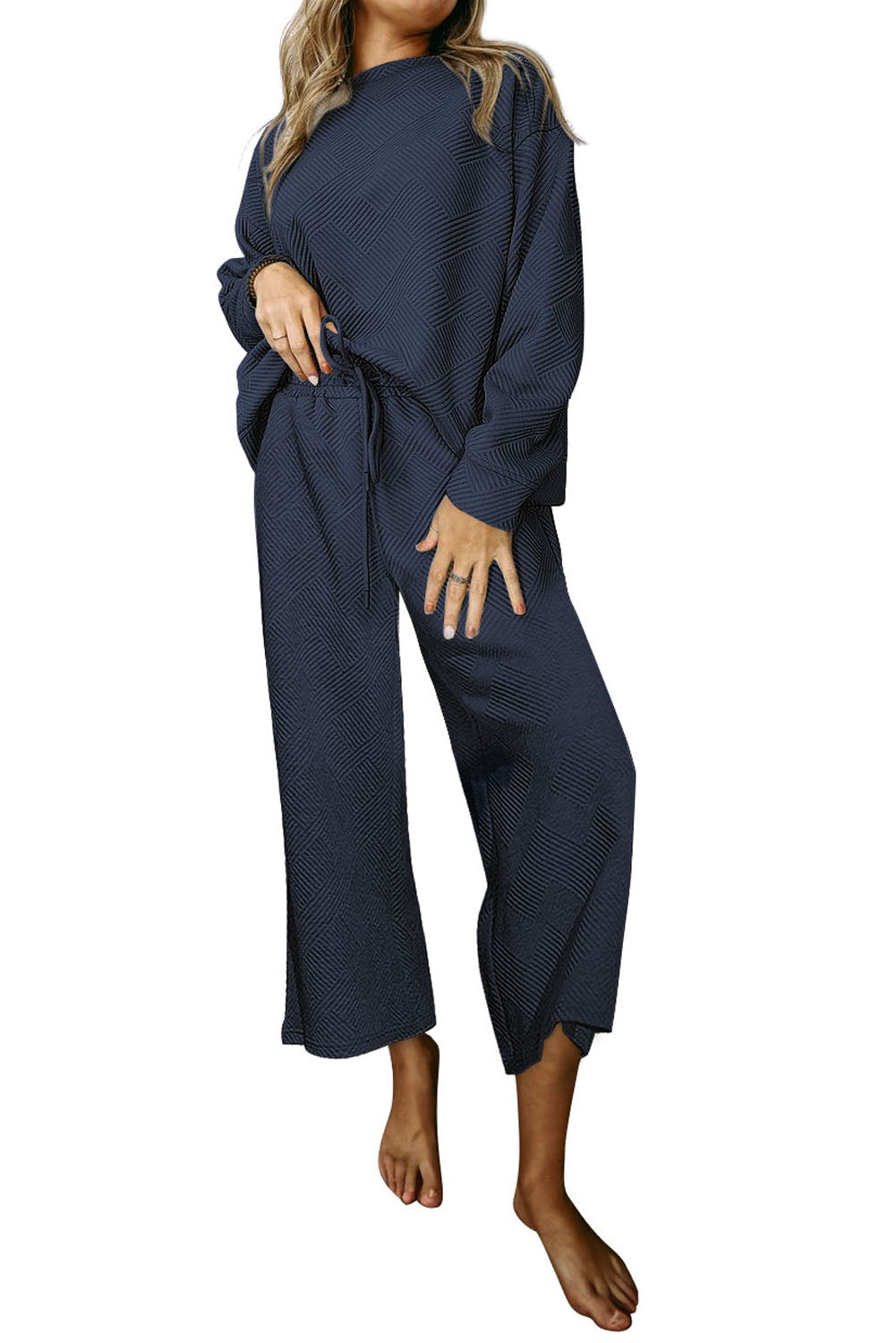 Loose Textured Top and Pants Loungewear Set - Eolante Clothing