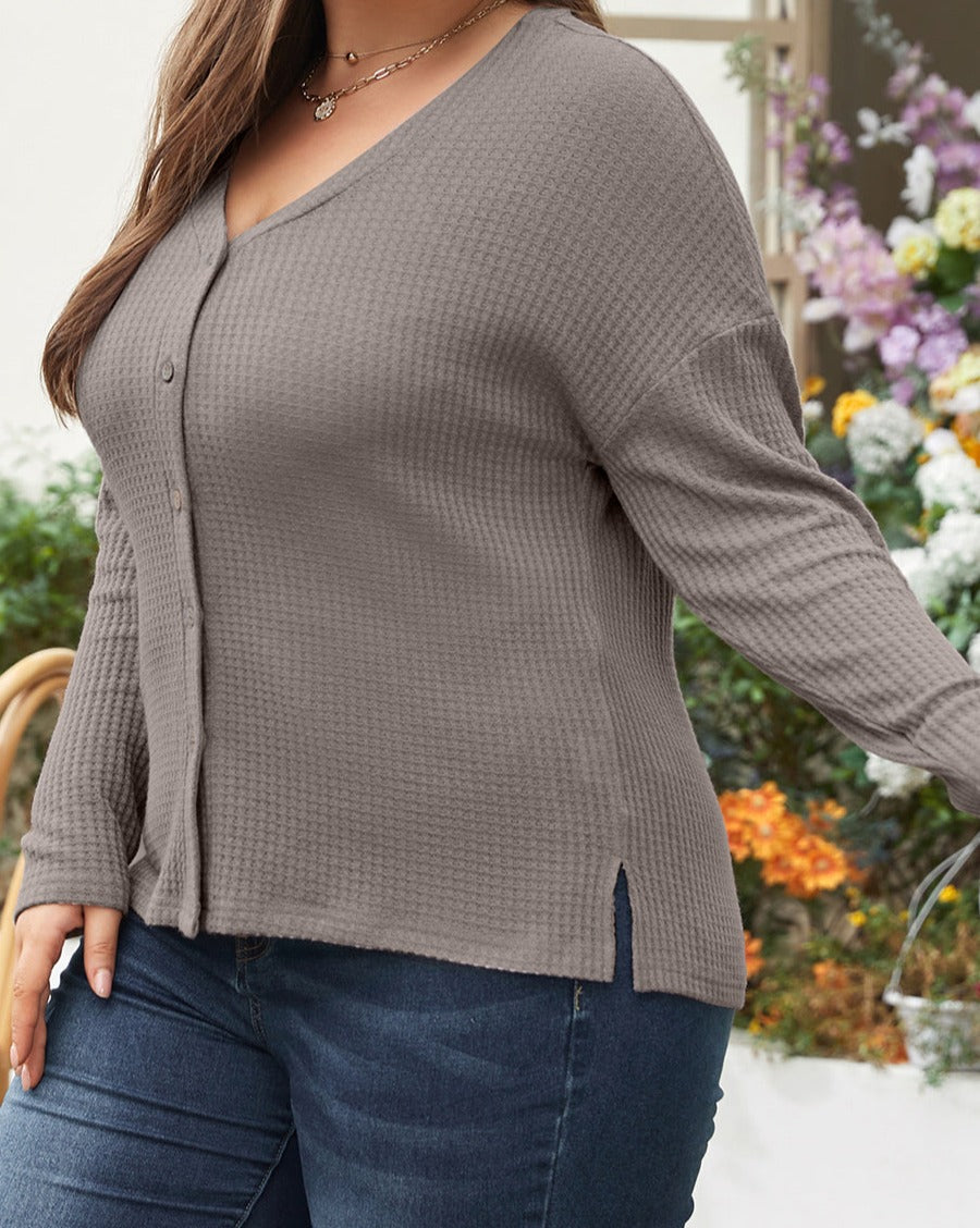 Waffle Knit Drop Shoulder Plus Size Top - Eolante Clothing