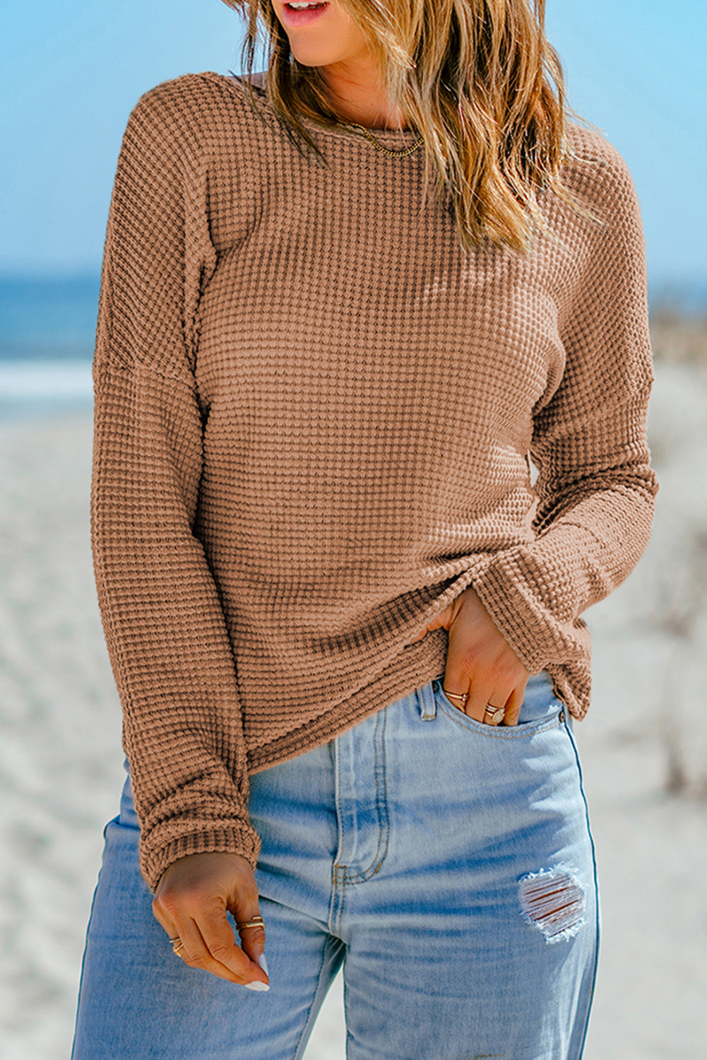 Waffle Knit Long Sleeve Top - Eolante Clothing