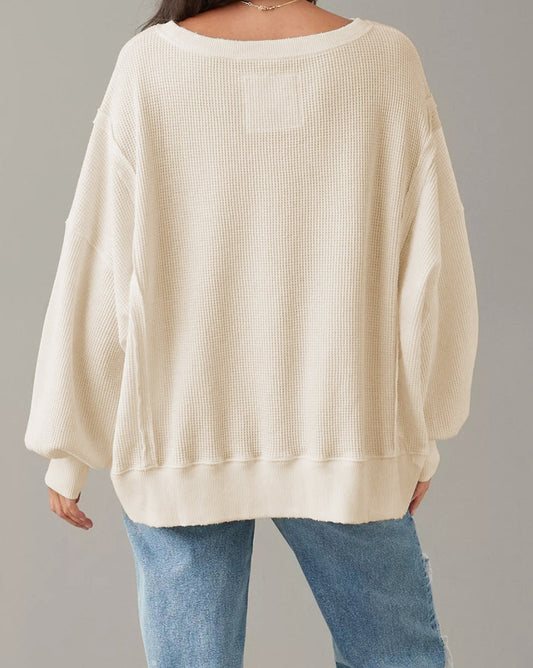 Waffle Knit Bishop Sleeve Oversized Sweatshirt - Eolante Clothing