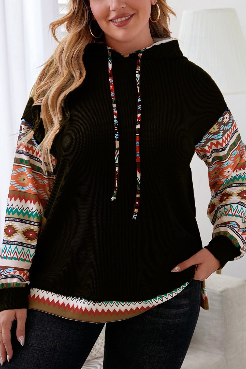 Aztec Patchwork Sleeve Plus Size Hoodie - Eolante Clothing