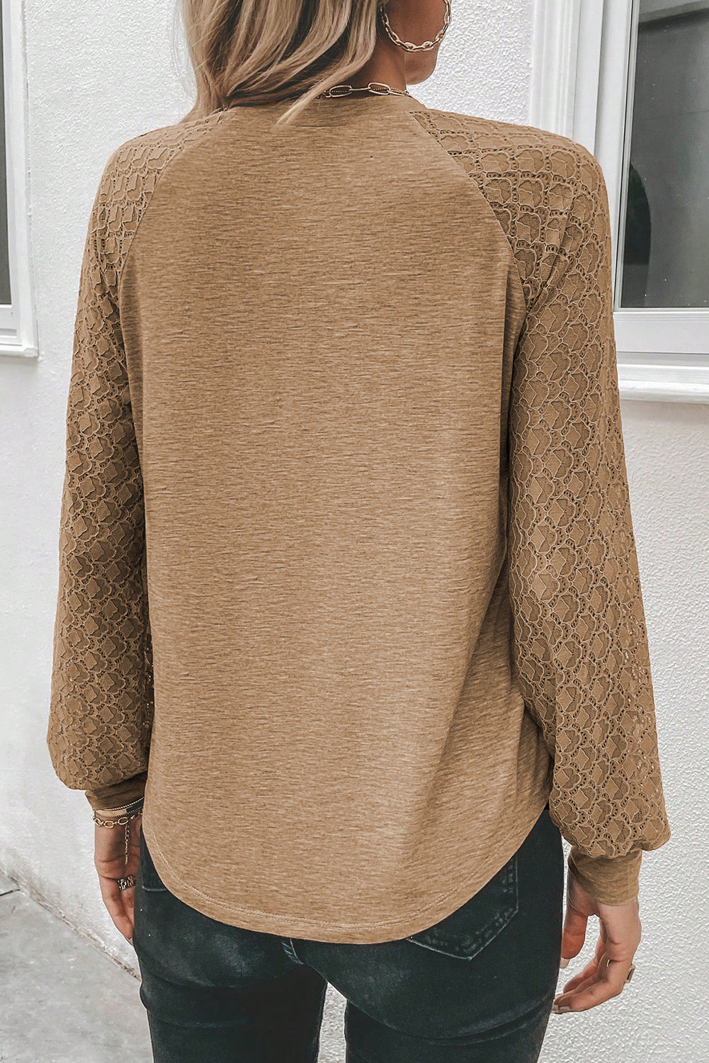 Contrast Lace Raglan Sleeve Top - Eolante Clothing