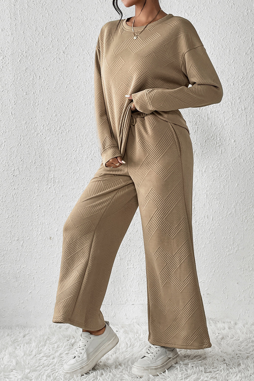 Loose Textured Top and Pants Loungewear Set - Eolante Clothing