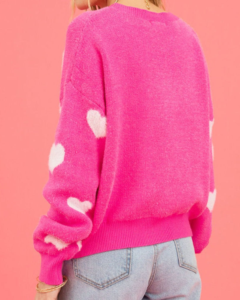 Fuzzy Hearts Drop Shoulder Sweater - Eolante Clothing